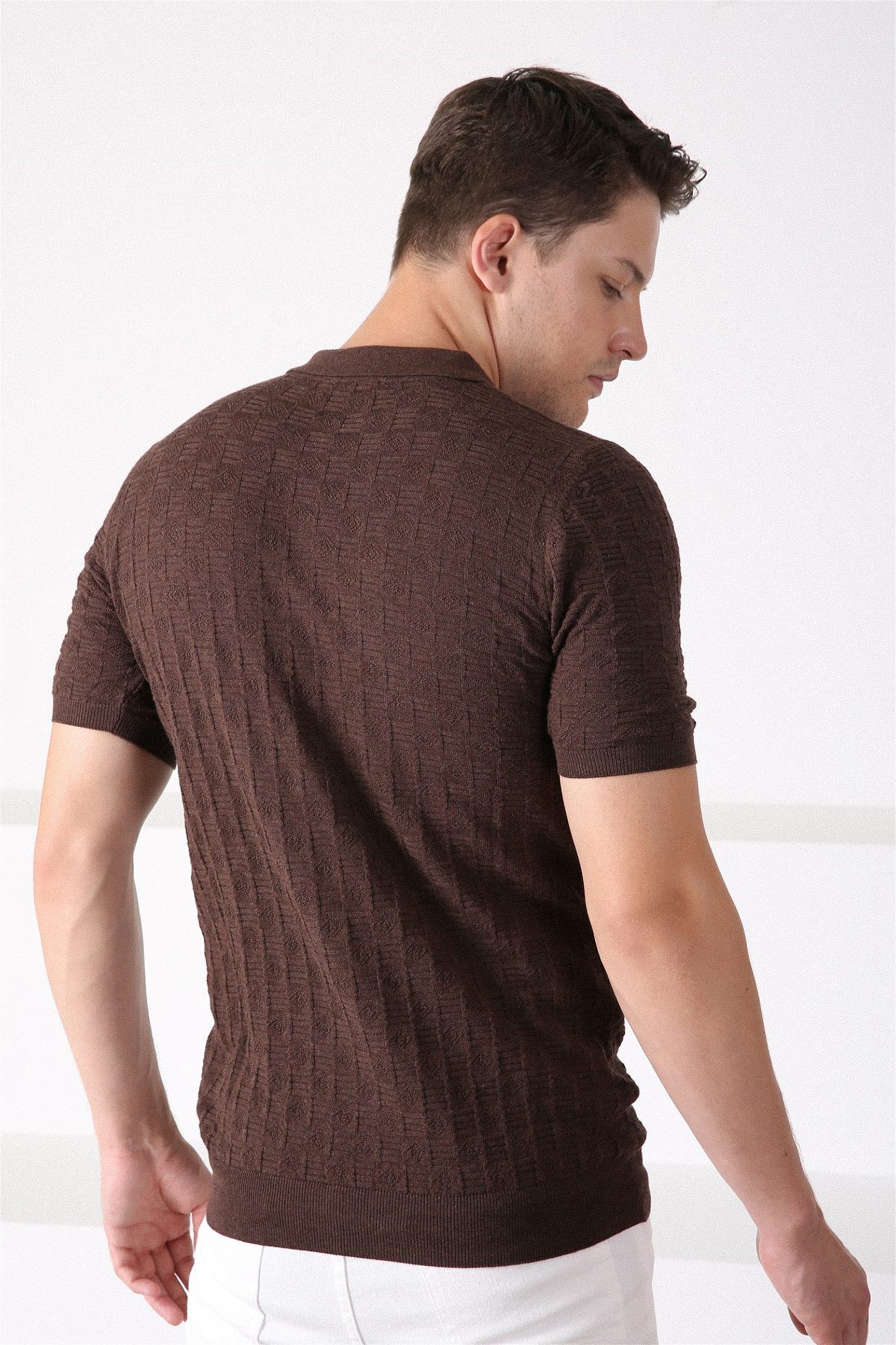 Ferraro Kahve Polo Yaka Fermuarlı Erkek Pamuk Triko T-Shirt