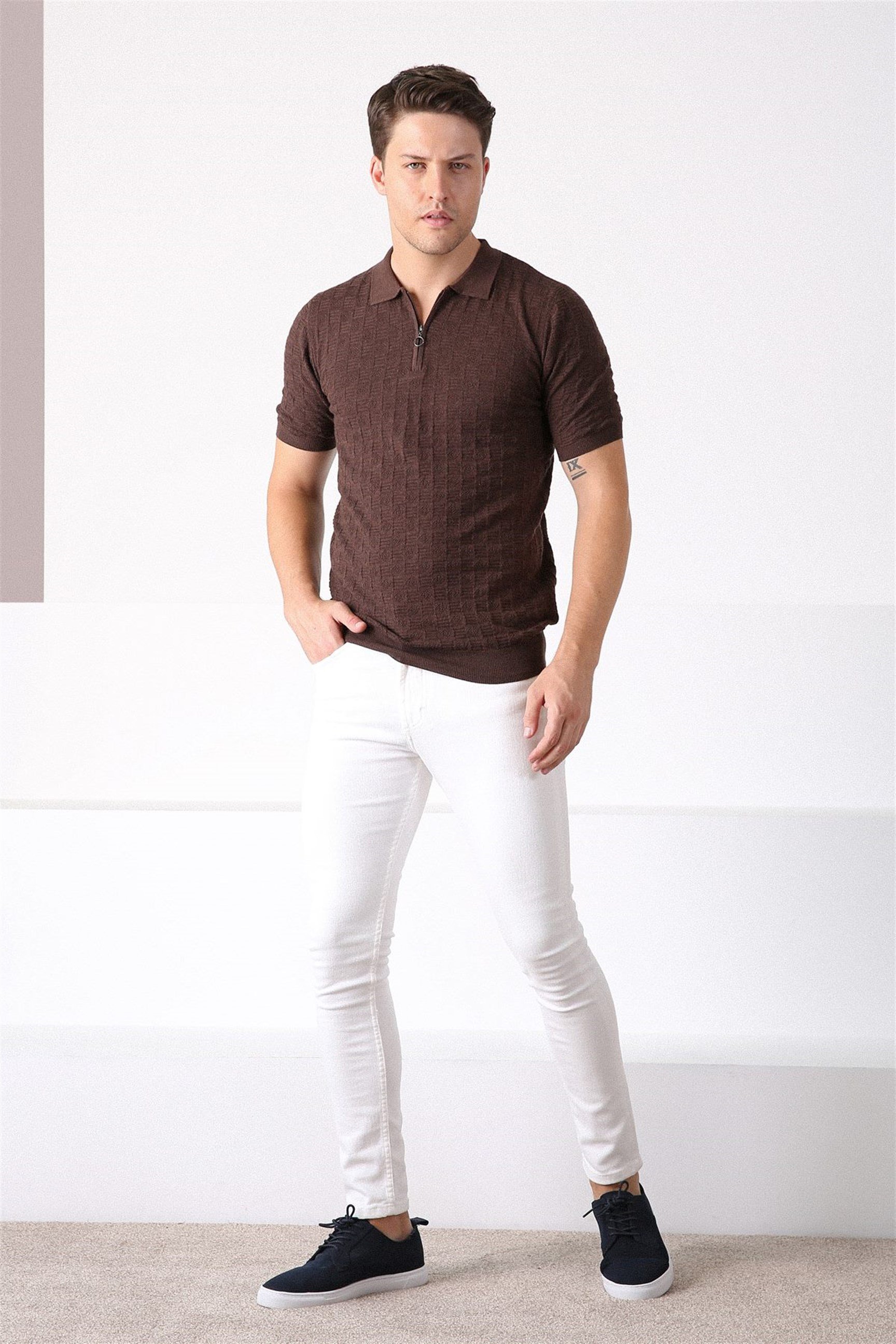 Ferraro Kahve Polo Yaka Fermuarlı Erkek Pamuk Triko T-Shirt