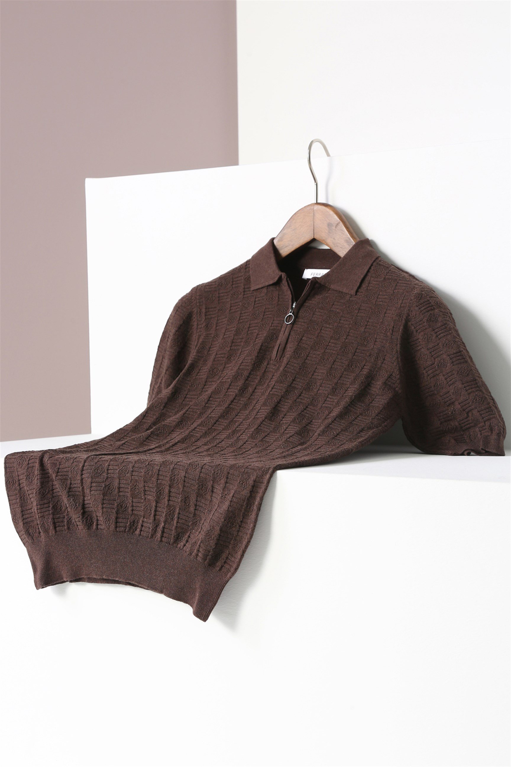 Ferraro Kahve Polo Yaka Fermuarlı Erkek Pamuk Triko T-Shirt