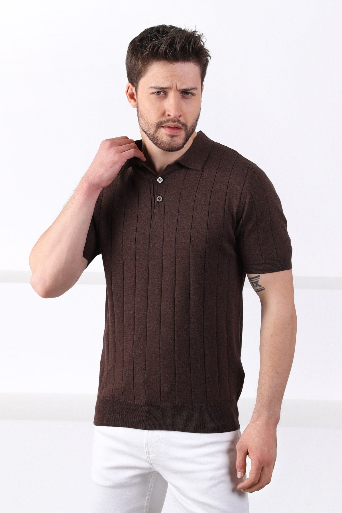 Ferraro Kahve Polo Yaka Fitilli Erkek Pamuk Triko T-Shirt