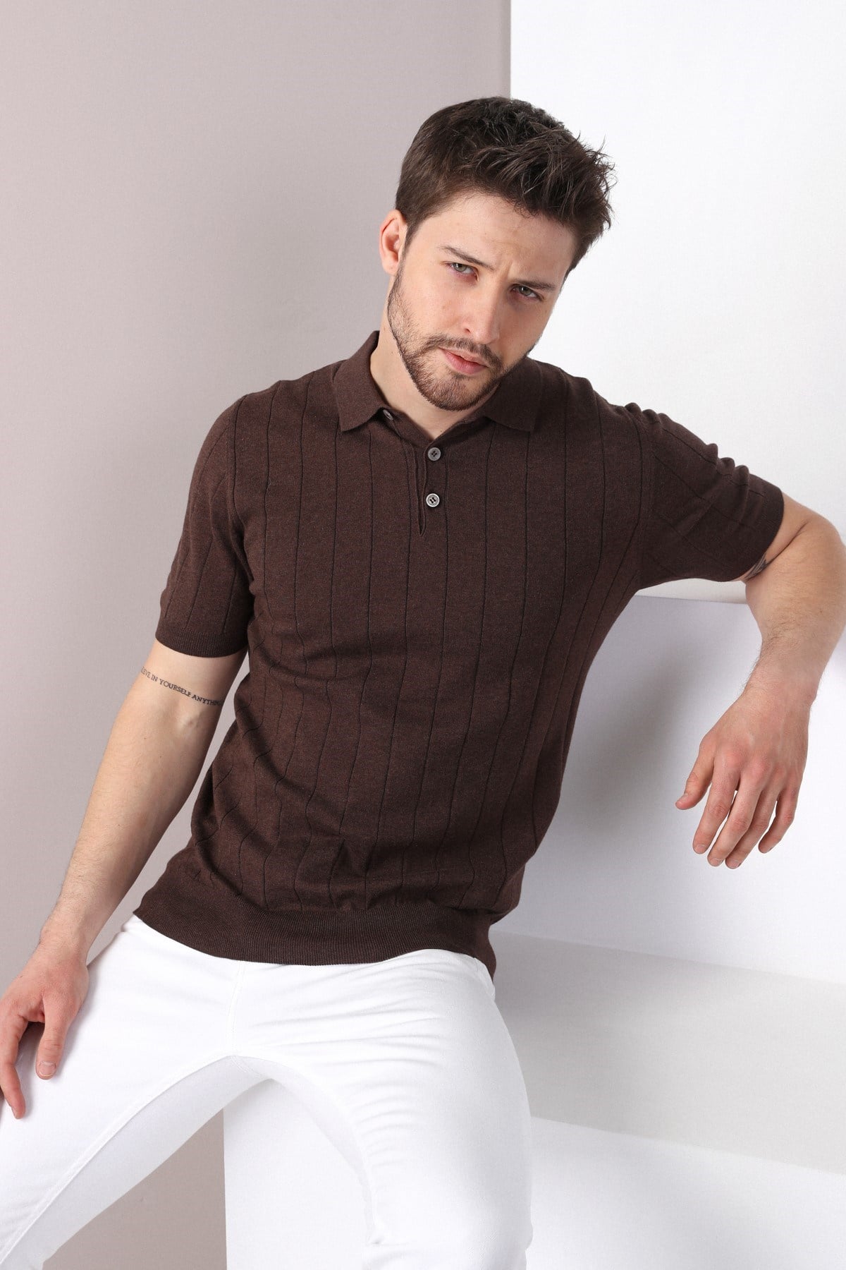 Ferraro Kahve Polo Yaka Fitilli Erkek Pamuk Triko T-Shirt