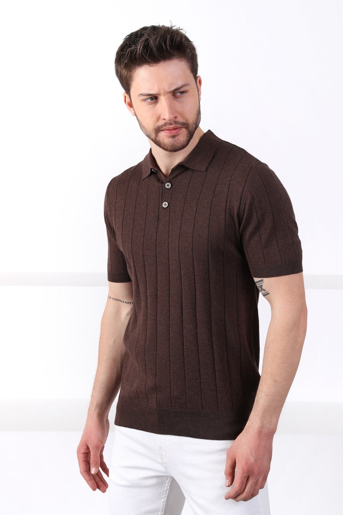 Ferraro Kahve Polo Yaka Fitilli Erkek Pamuk Triko T-Shirt