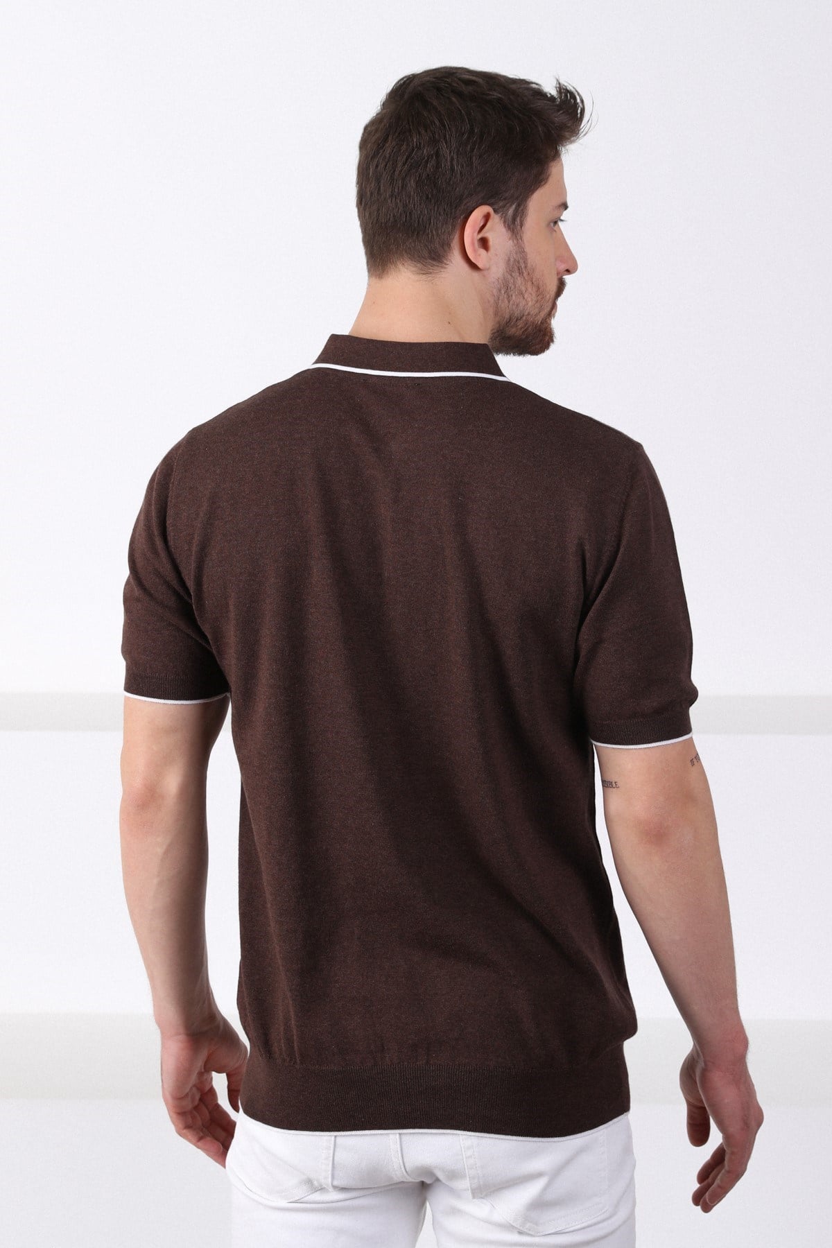 Ferraro Kahve Yaka Şerit Fermuarlı Erkek Pamuk Triko T-Shirt