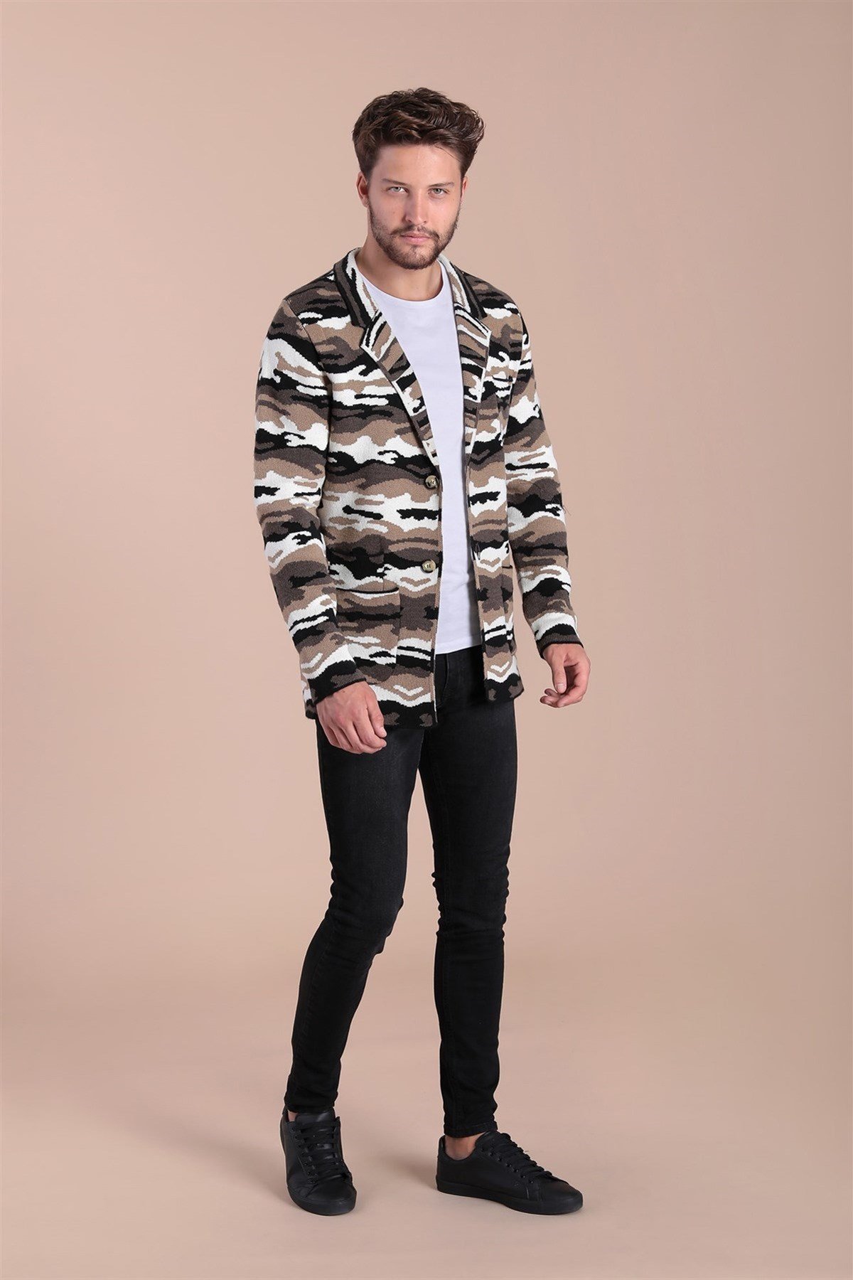 Ferraro Kamuflaj Desenli Yün Triko Ceket - Bej