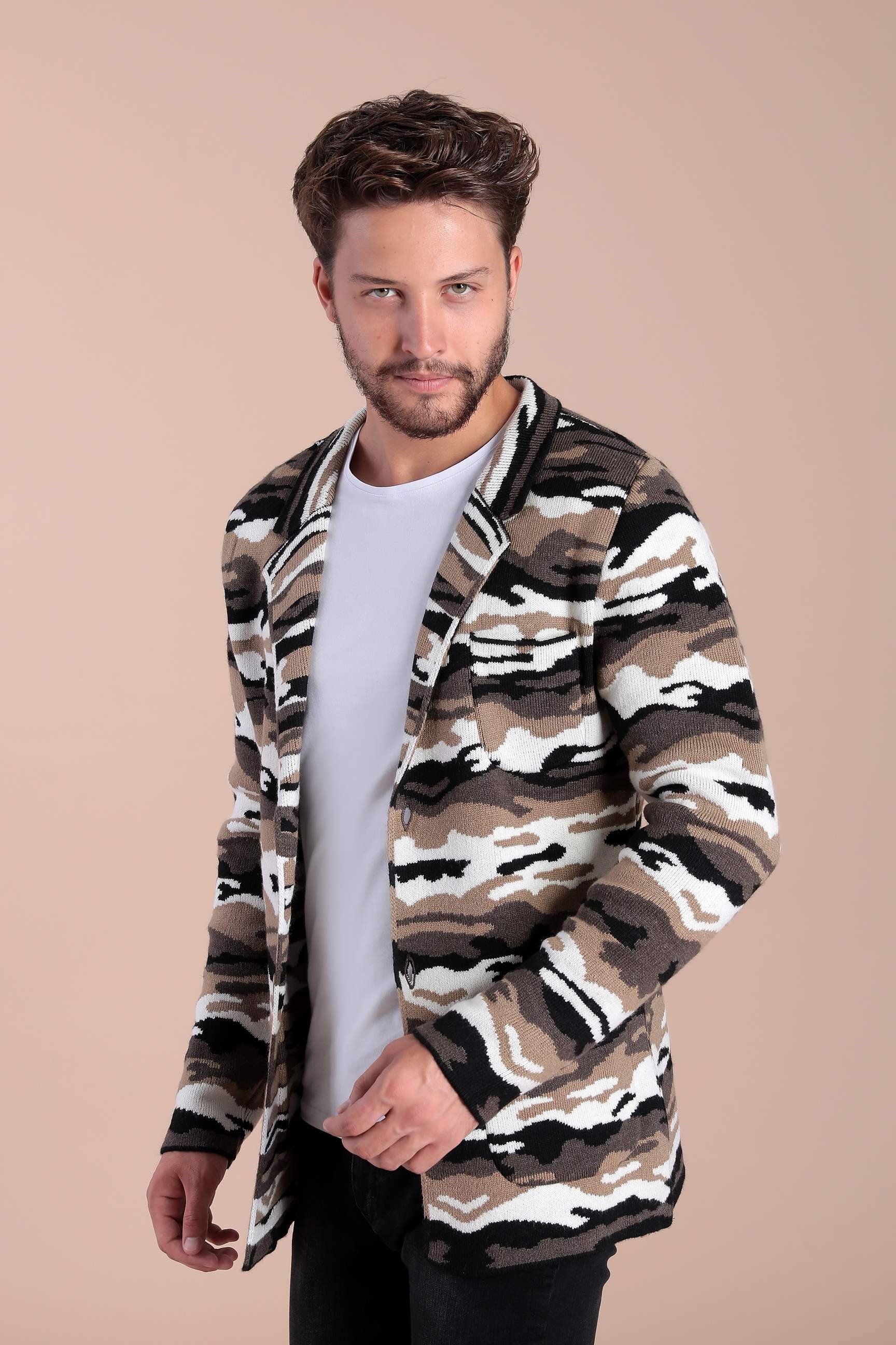 Ferraro Kamuflaj Desenli Yün Triko Ceket