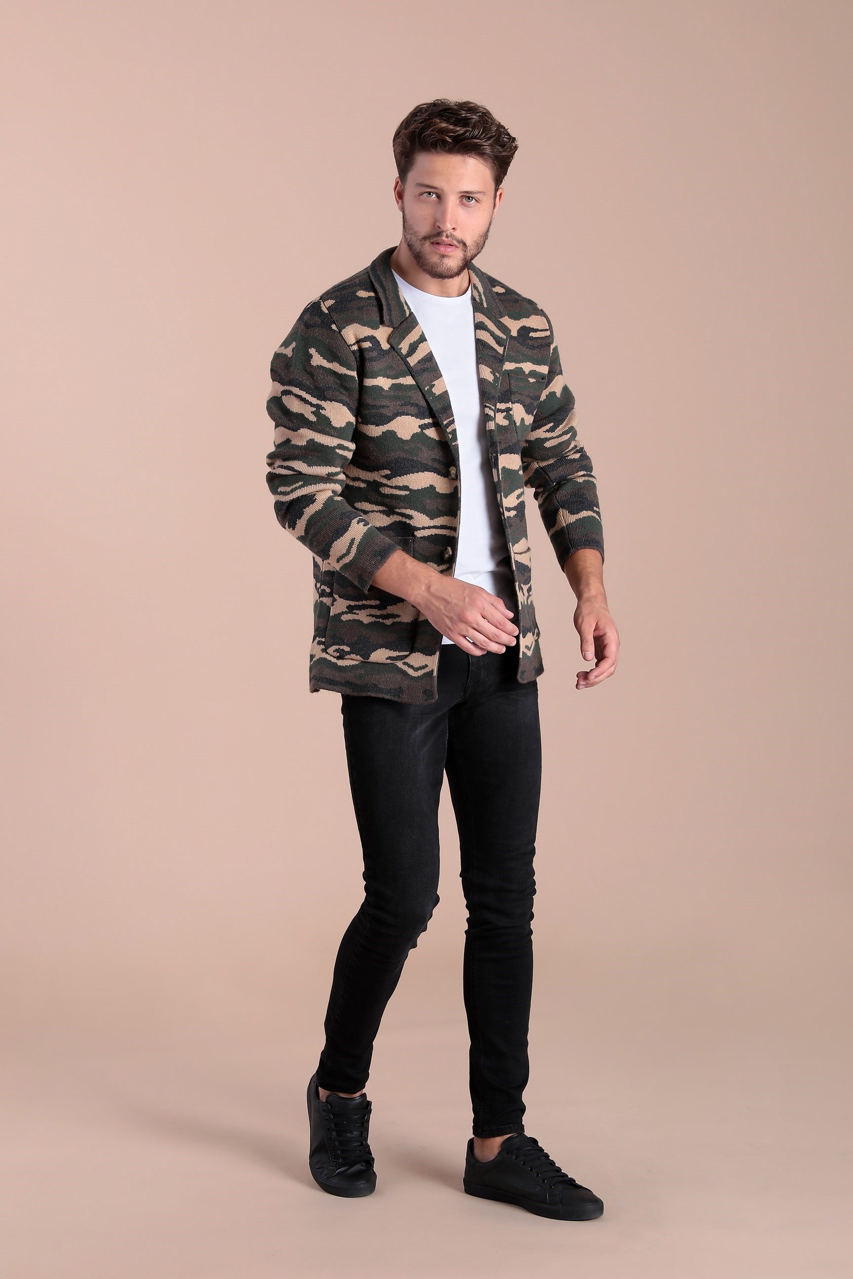 Ferraro Kamuflaj Desenli Yün Triko Ceket