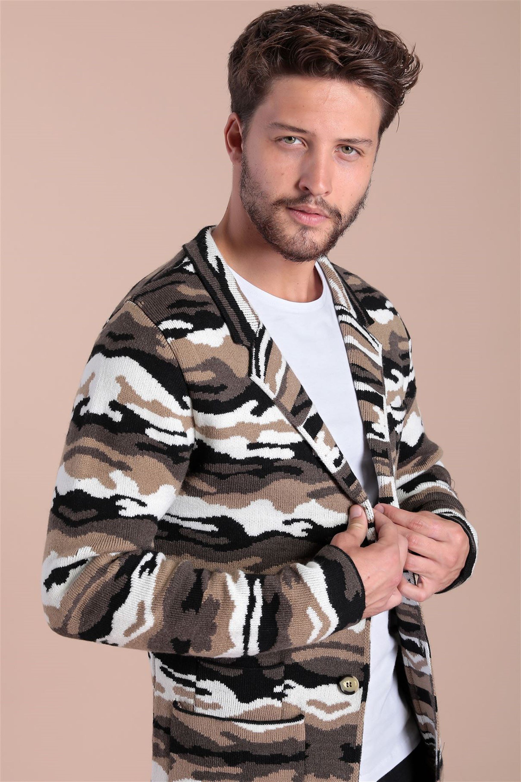 Ferraro Kamuflaj Desenli Yün Triko Ceket