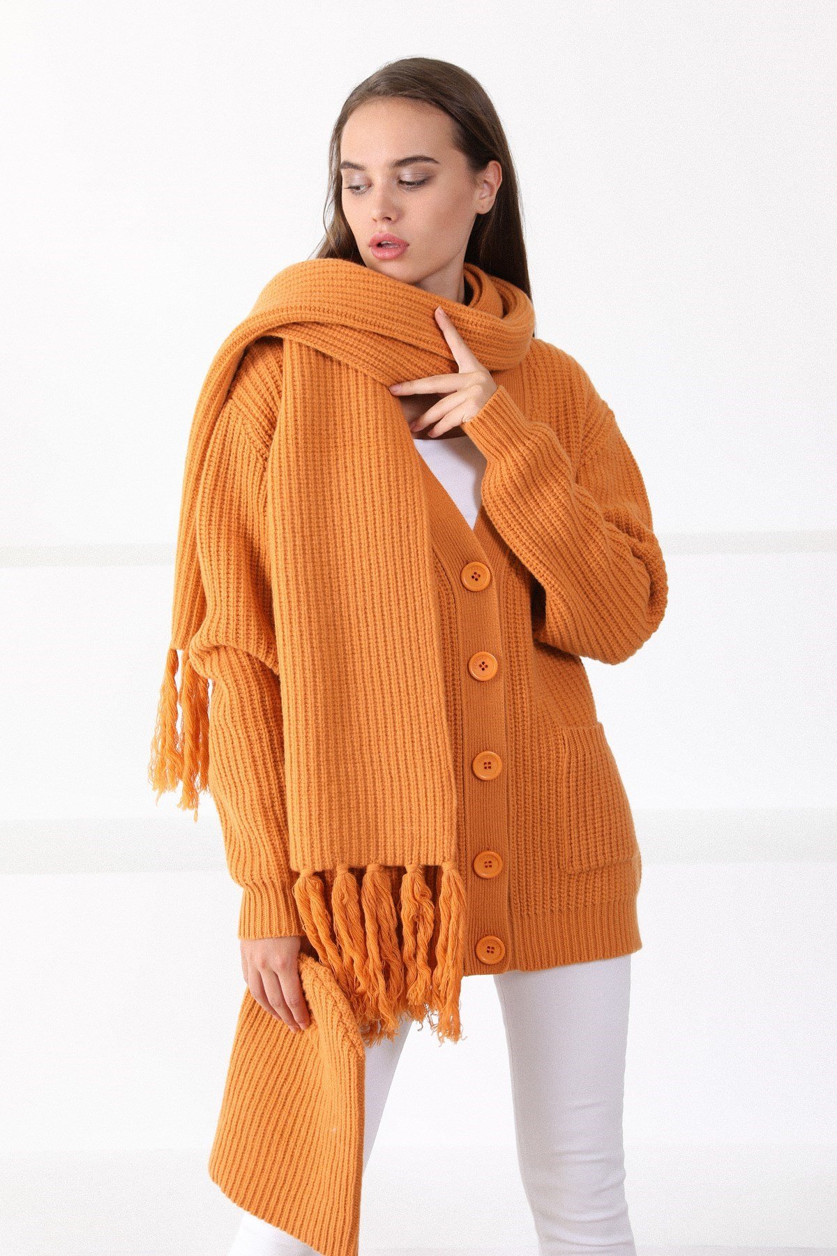 Ferraro Kavuniçi Kuzu Yünü Oversize Kadın Triko Hırka