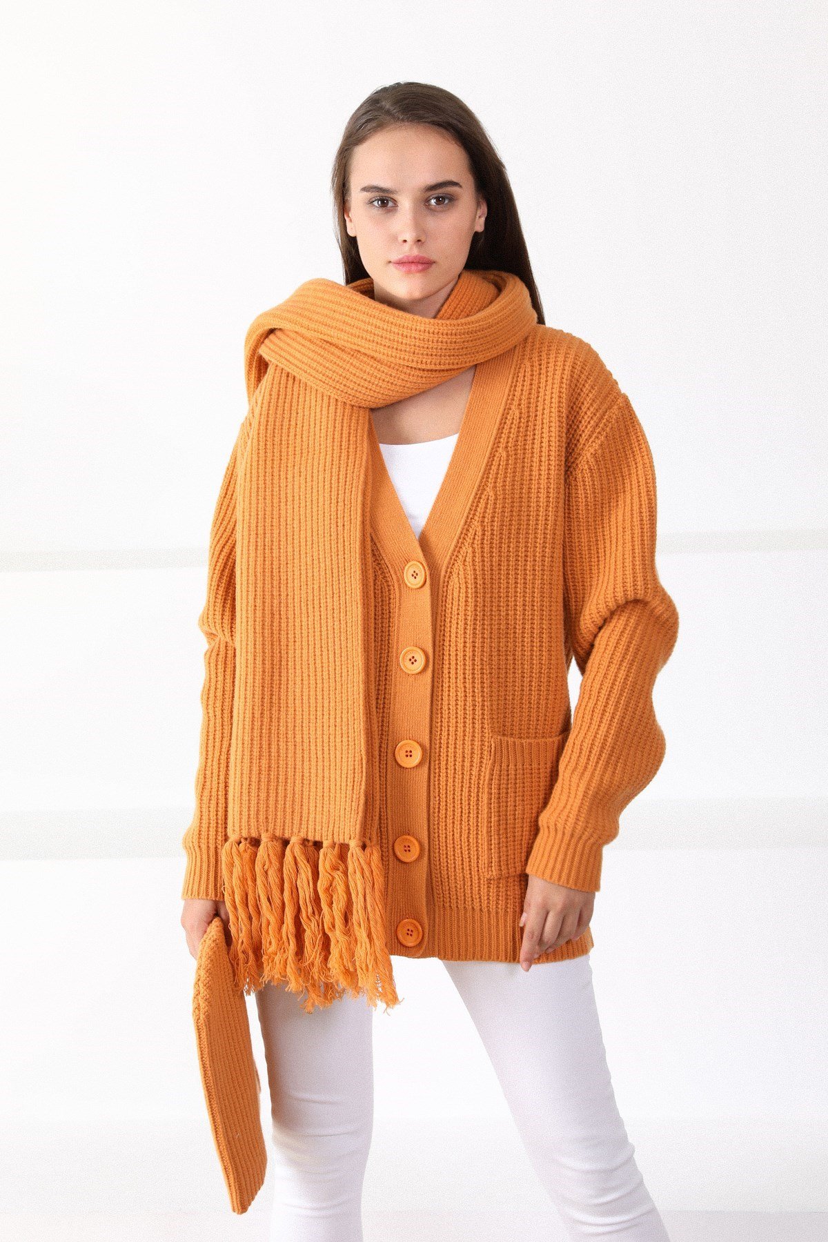 Ferraro Kavuniçi Kuzu Yünü Oversize Kadın Triko Hırka