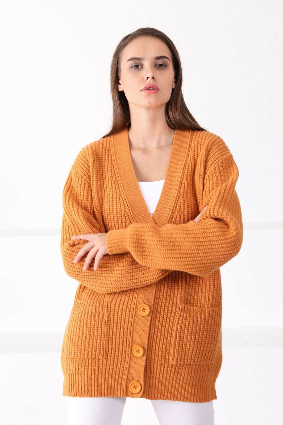 Ferraro Kavuniçi Kuzu Yünü Oversize Kadın Triko Hırka