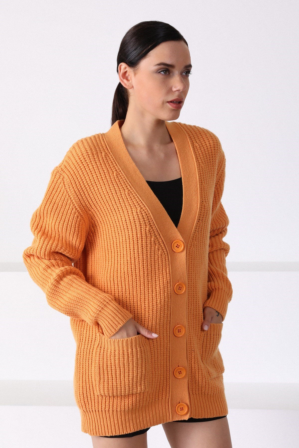 Ferraro Kayısı Kuzu Yünü Oversize Kadın Triko Hırka