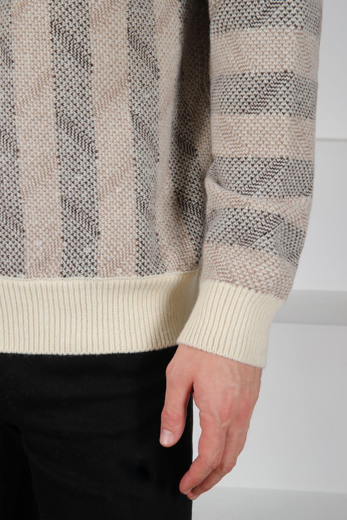 Ferraro Kemik Bisiklet Yaka Dikey Çizgi Desenli Uzun Kollu %100 Kuzu Yünü Erkek Triko Kazak