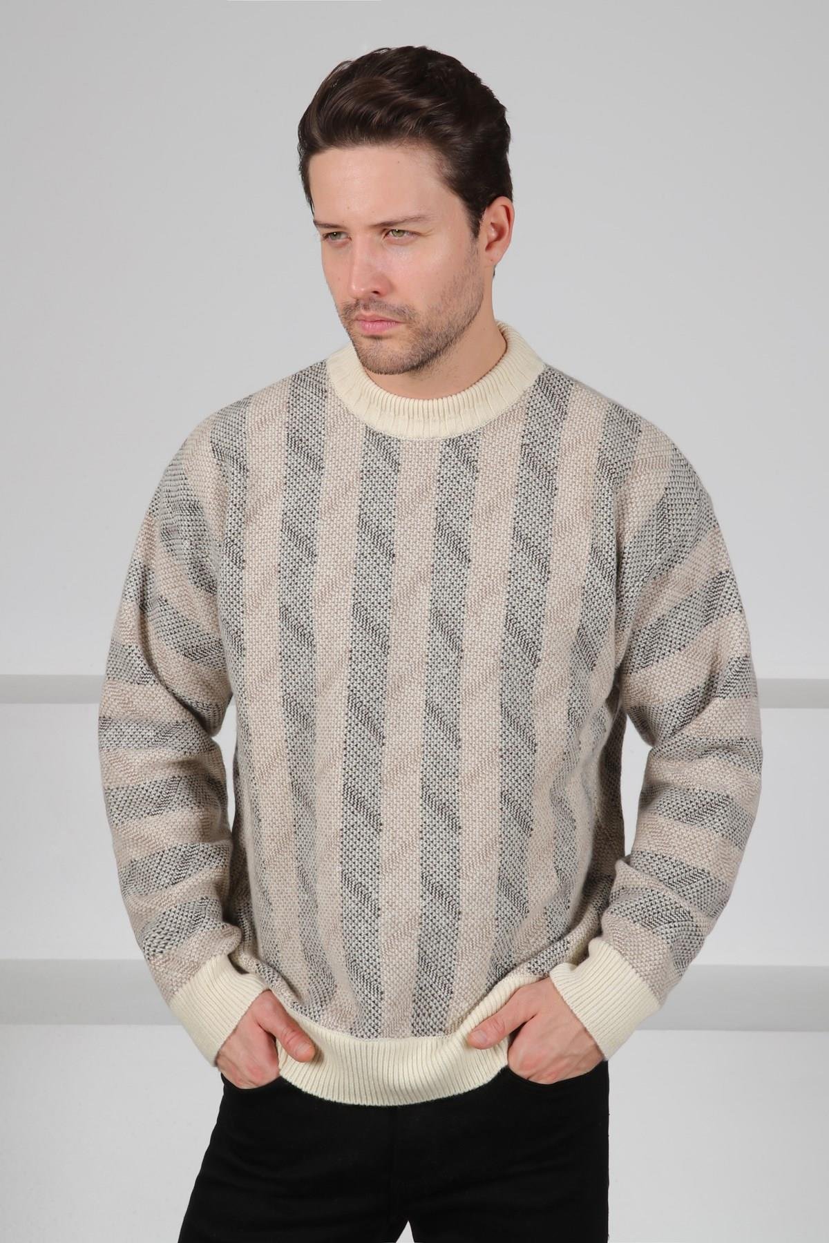 Ferraro Kemik Bisiklet Yaka Dikey Çizgi Desenli Uzun Kollu %100 Kuzu Yünü Erkek Triko Kazak