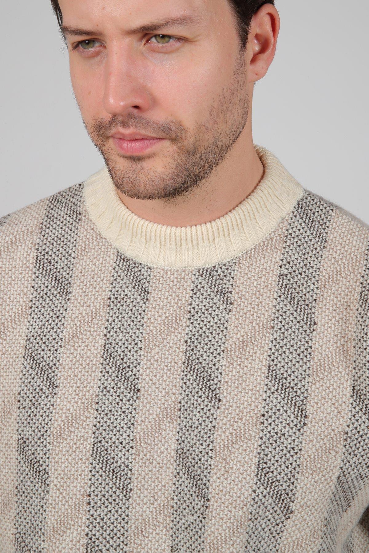 Ferraro Kemik Bisiklet Yaka Dikey Çizgi Desenli Uzun Kollu %100 Kuzu Yünü Erkek Triko Kazak