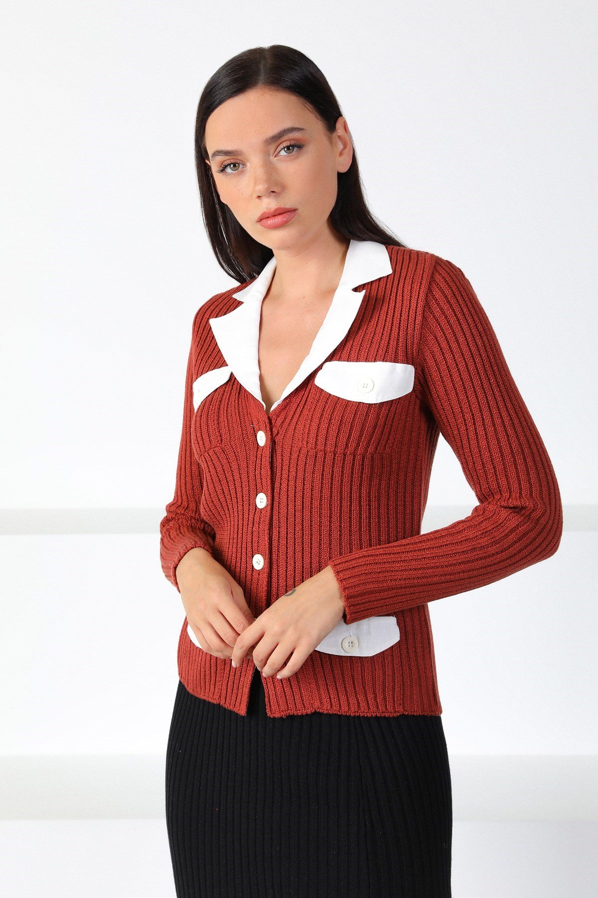 Ferraro Kiremit Gömlek Yaka Kadın Triko Hırka