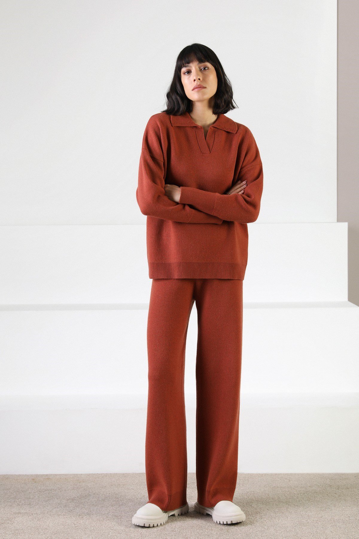 Ferraro Kiremit Uzun Kollu Polo Yaka Kaşmirli Kadın Triko Kazak