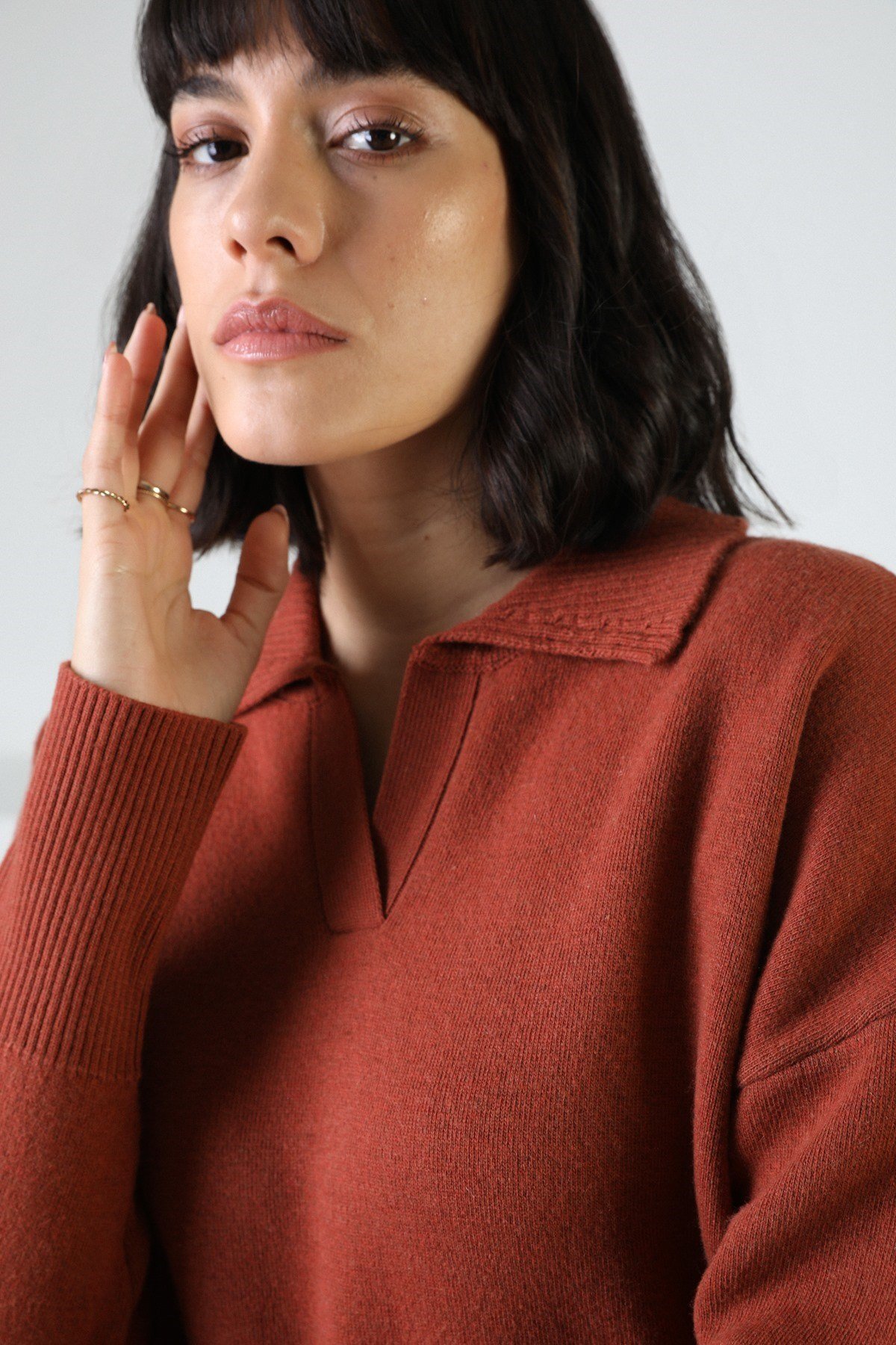 Ferraro Kiremit Uzun Kollu Polo Yaka Kaşmirli Kadın Triko Kazak