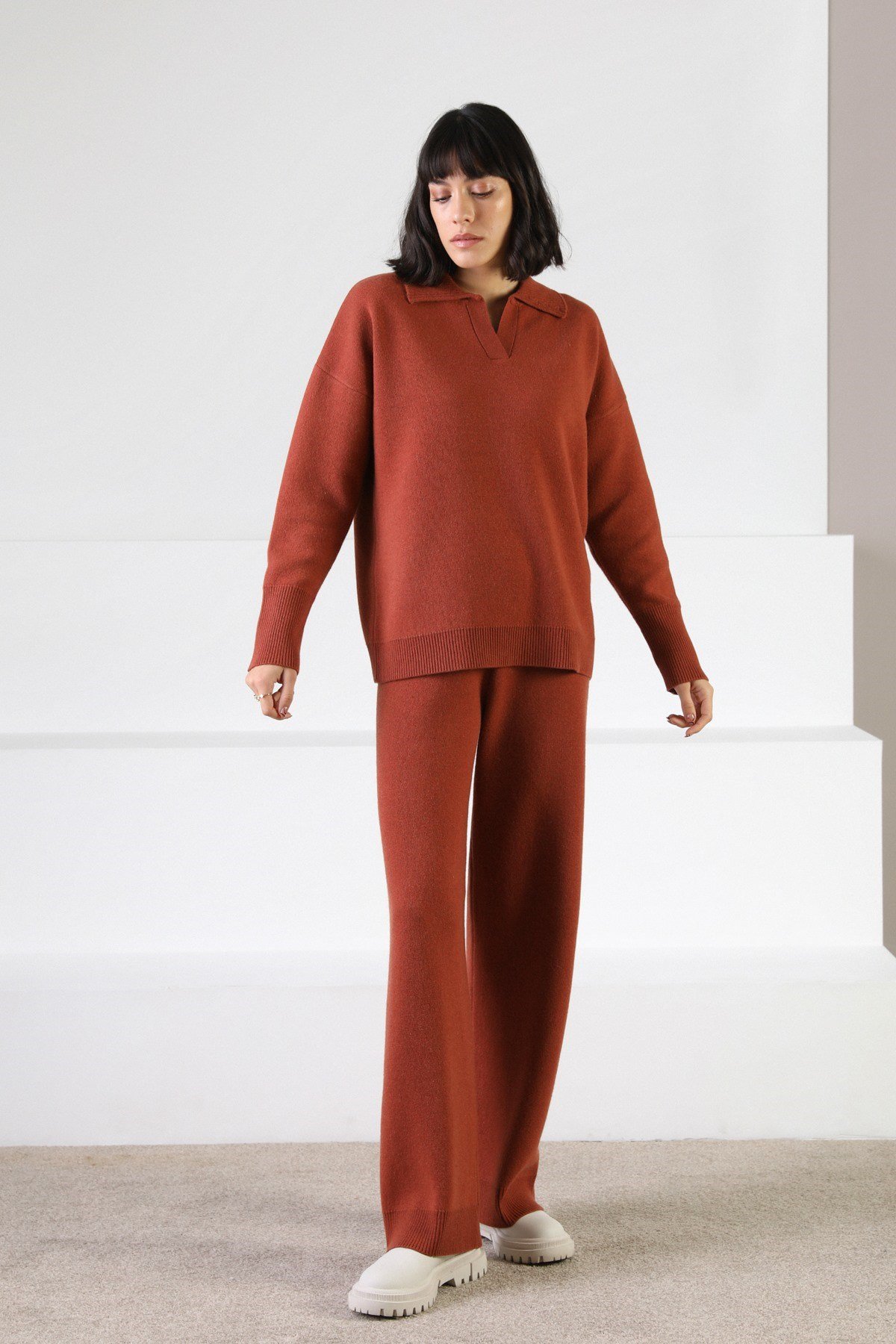 Ferraro Kiremit Uzun Kollu Polo Yaka Kaşmirli Kadın Triko Kazak