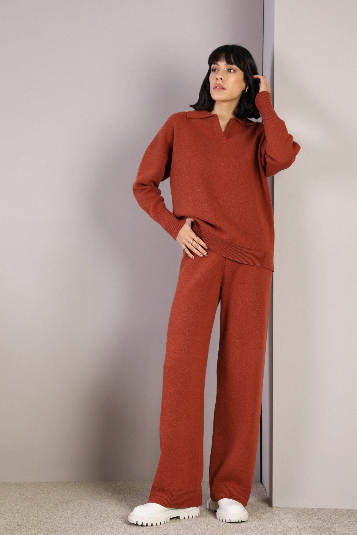 Ferraro Kiremit Uzun Kollu Polo Yaka Kaşmirli Kadın Triko Kazak