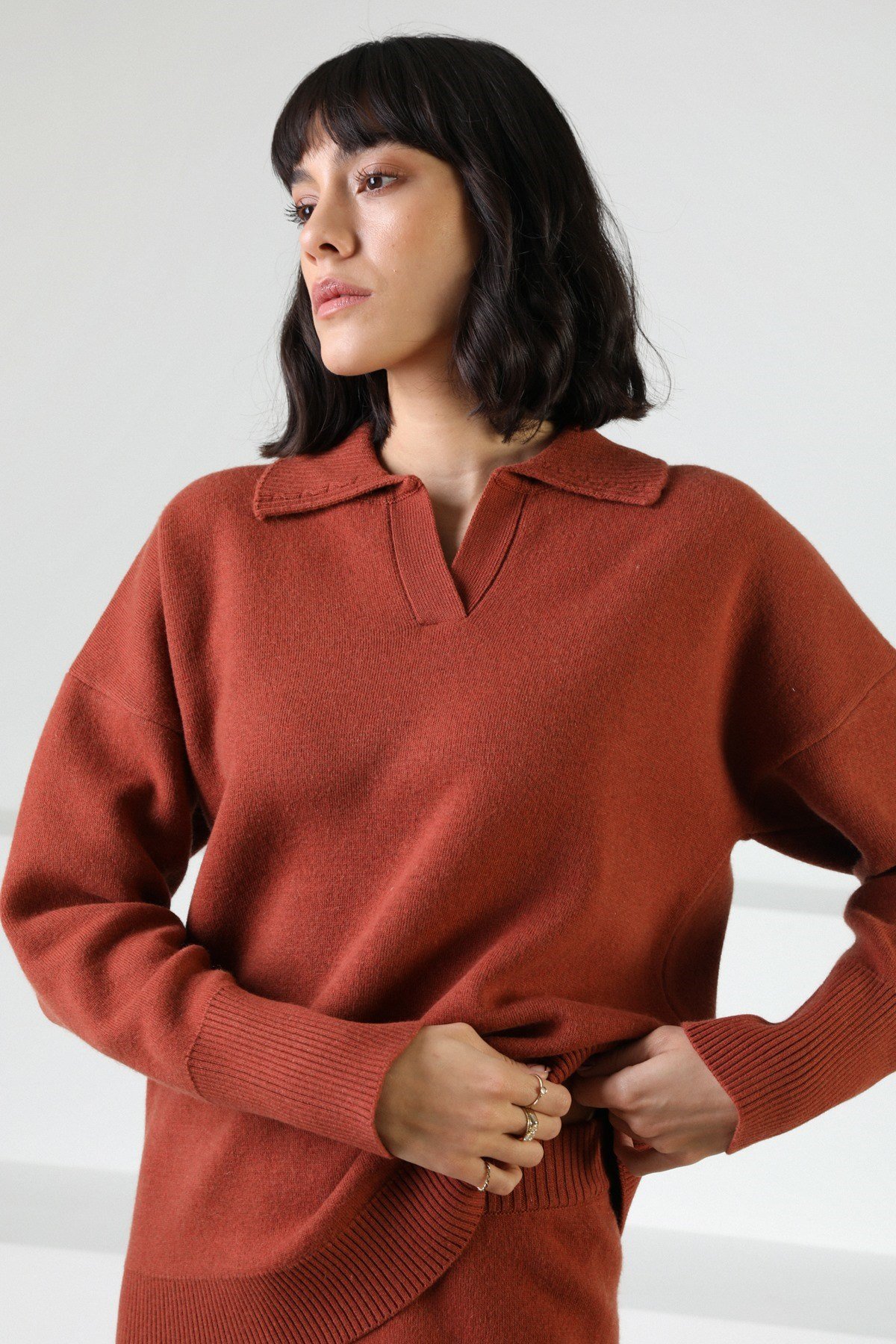 Ferraro Kiremit Uzun Kollu Polo Yaka Kaşmirli Kadın Triko Kazak