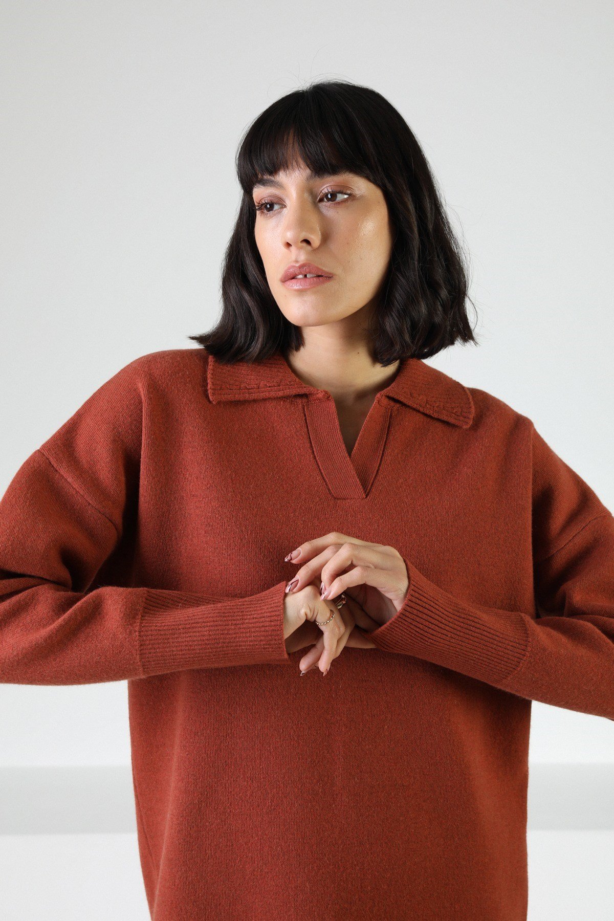 Ferraro Kiremit Uzun Kollu Polo Yaka Kaşmirli Kadın Triko Kazak