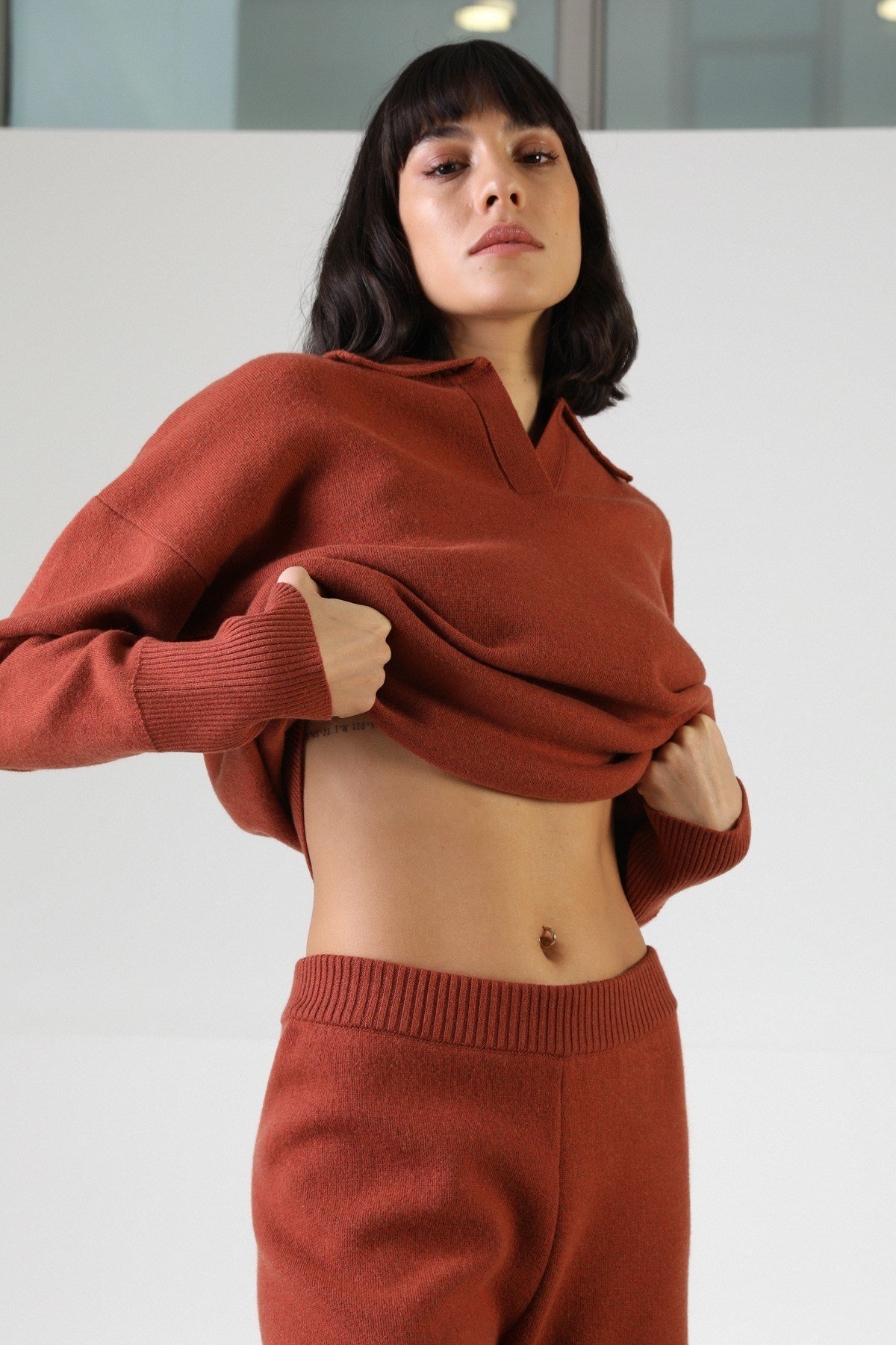 Ferraro Kiremit Uzun Kollu Polo Yaka Kaşmirli Kadın Triko Kazak