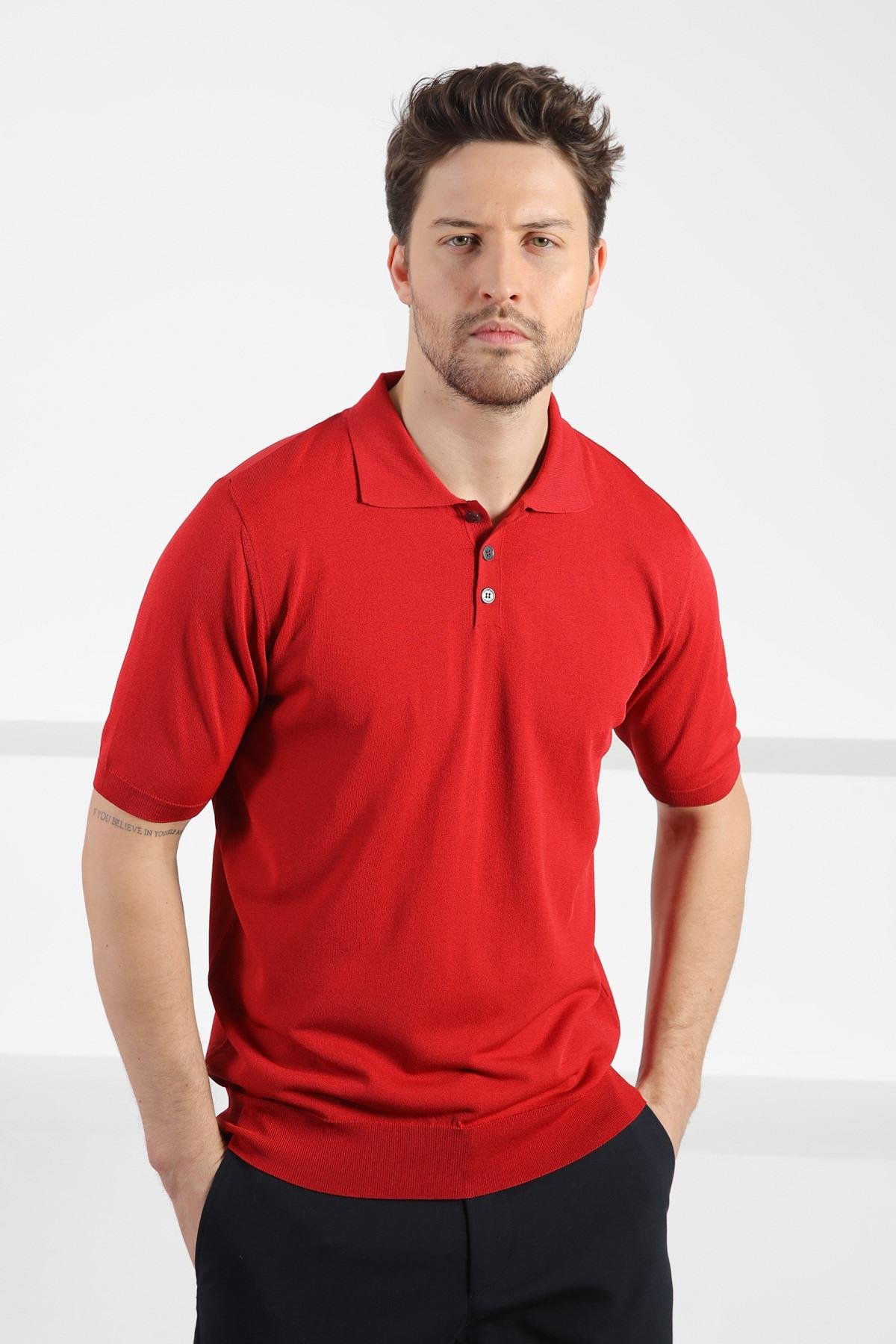 Ferraro Kırmızı Düğmeli Polo Yaka Erkek Rayon Triko T-Shirt