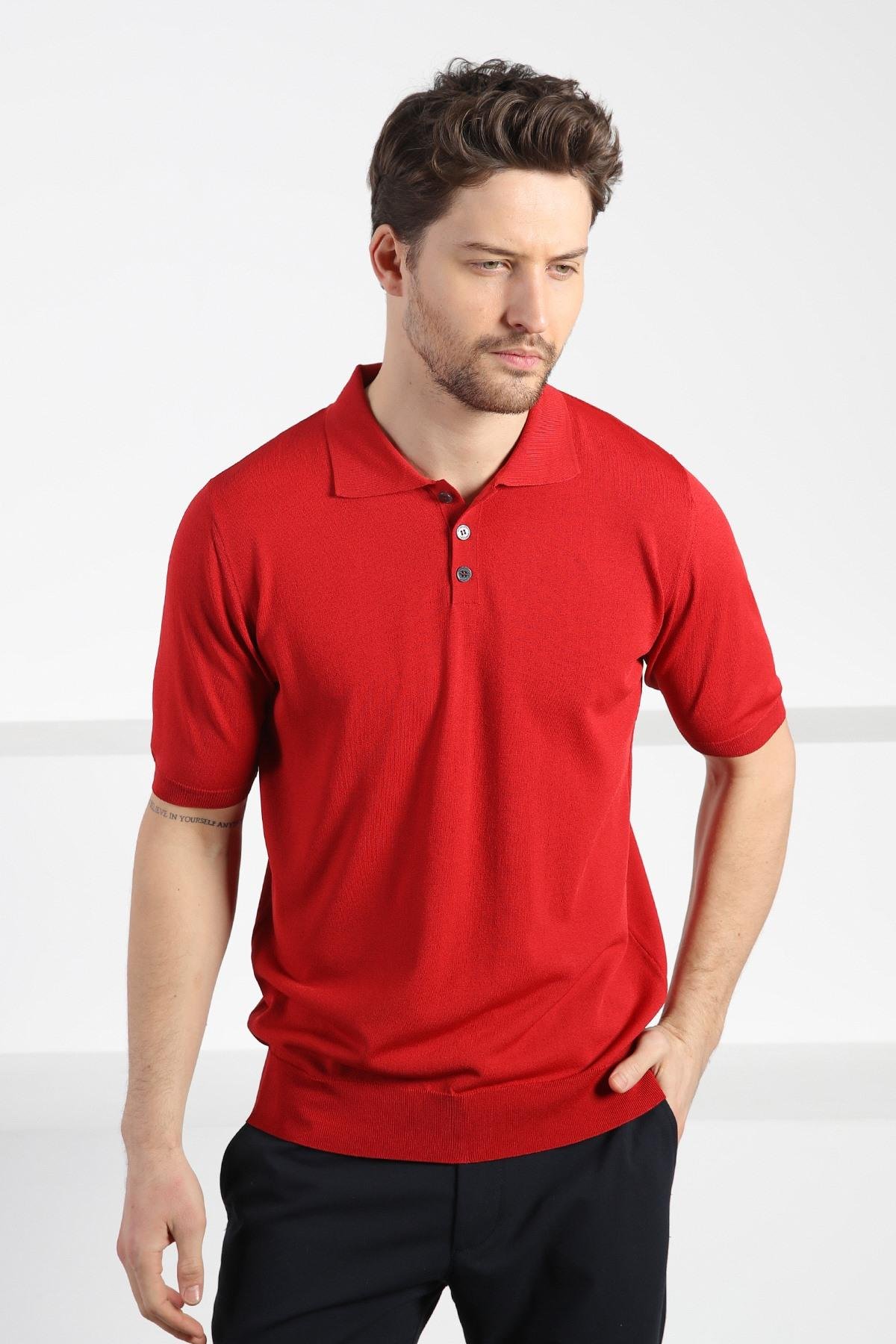 Ferraro Kırmızı Düğmeli Polo Yaka Erkek Rayon Triko T-Shirt
