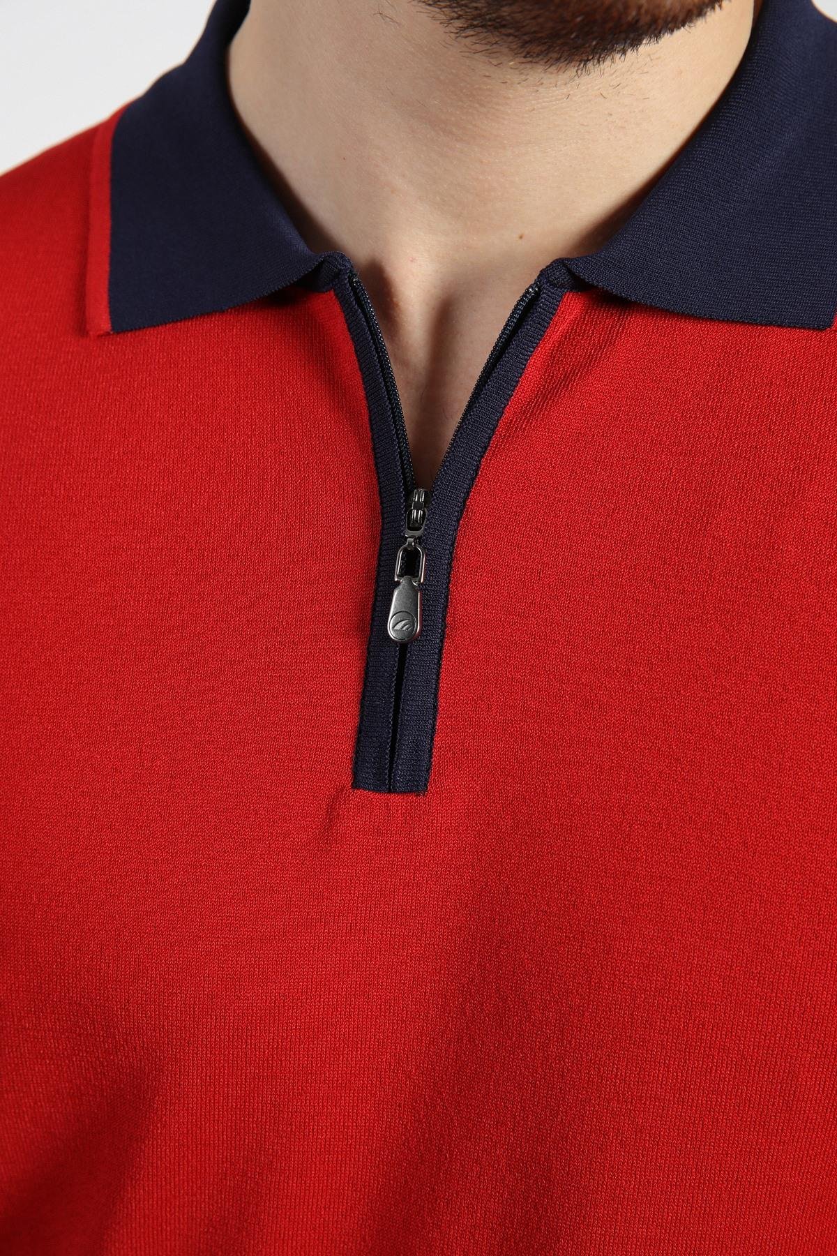 Ferraro Kırmızı Fermuarlı Polo Yaka Erkek Rayon Triko T-Shirt