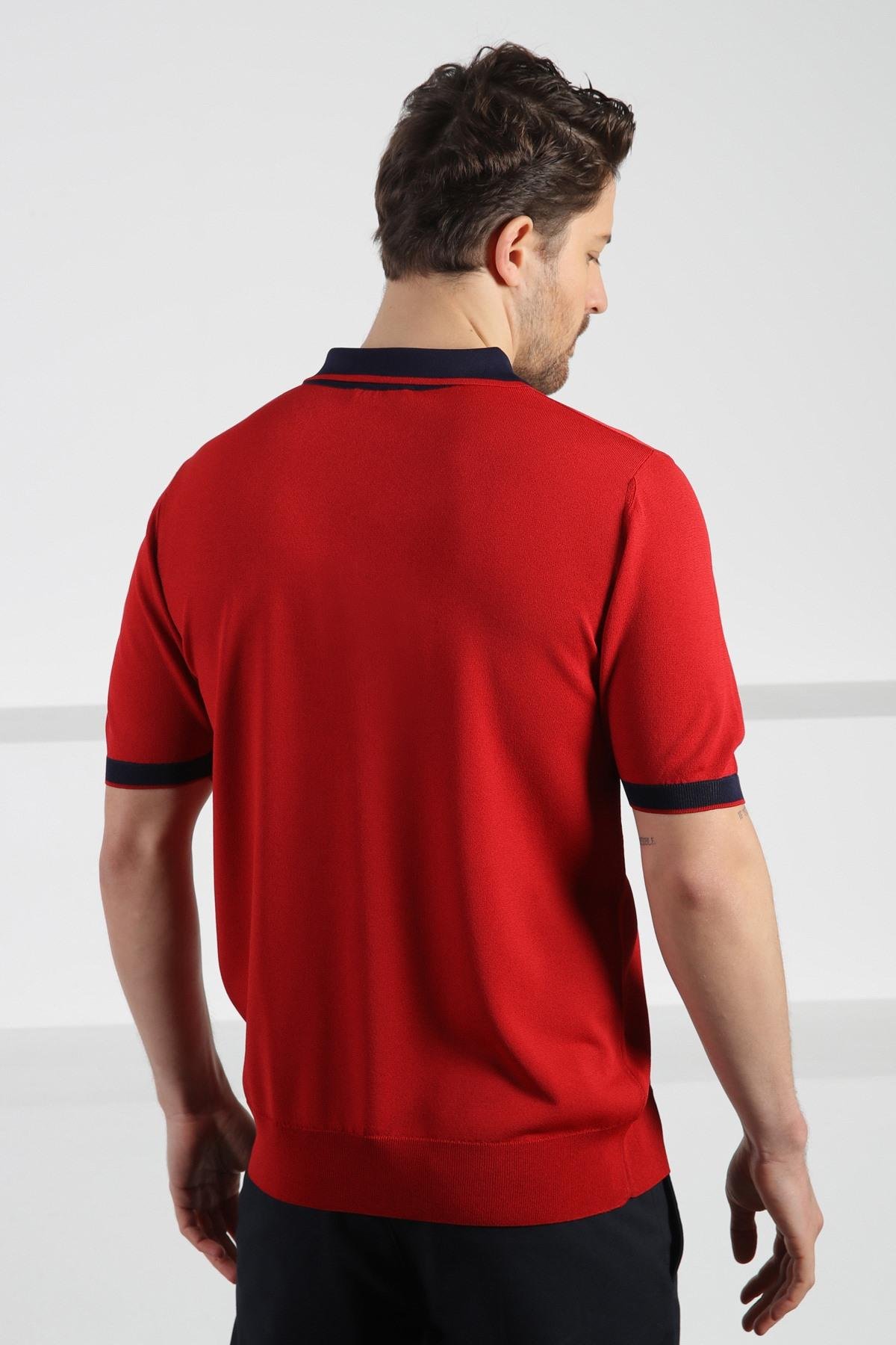 Ferraro Kırmızı Fermuarlı Polo Yaka Erkek Rayon Triko T-Shirt