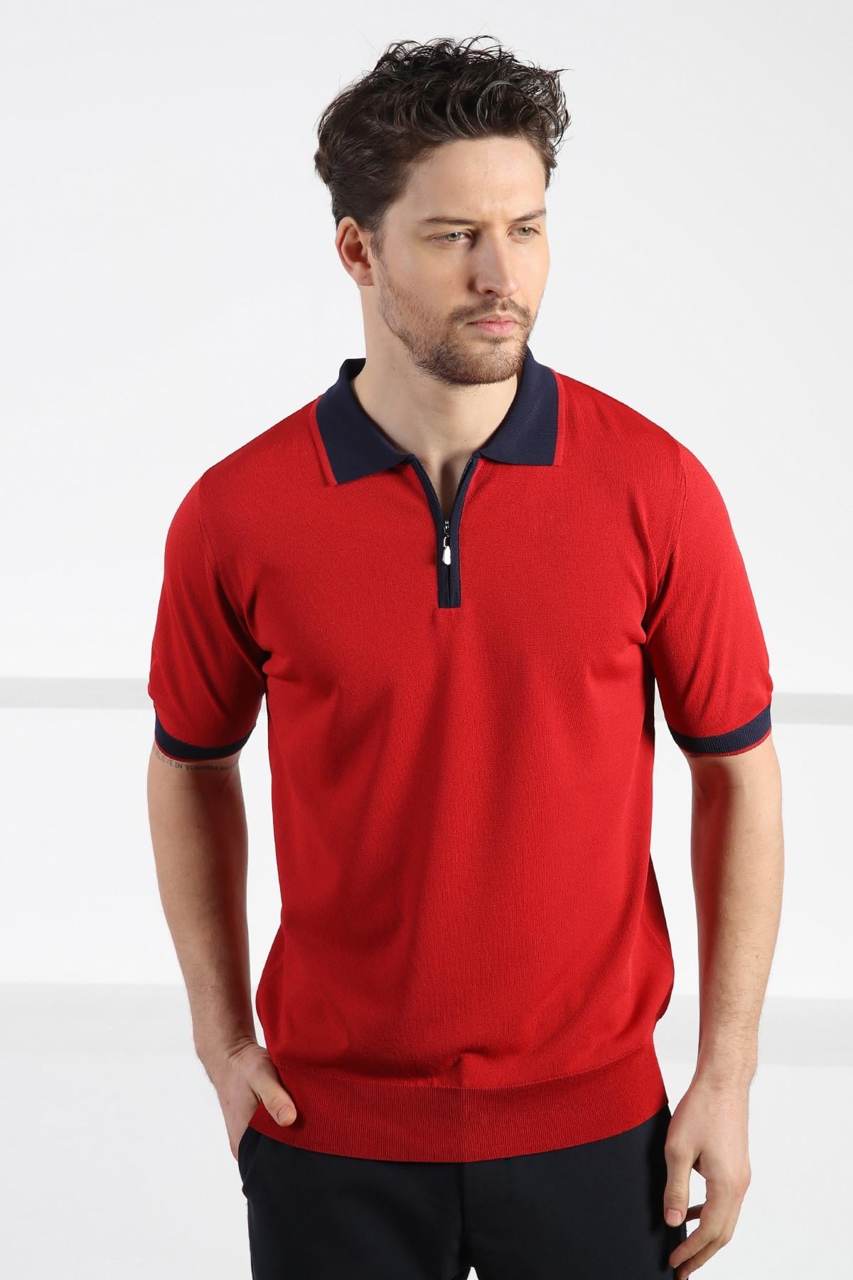 Ferraro Kırmızı Fermuarlı Polo Yaka Erkek Rayon Triko T-Shirt