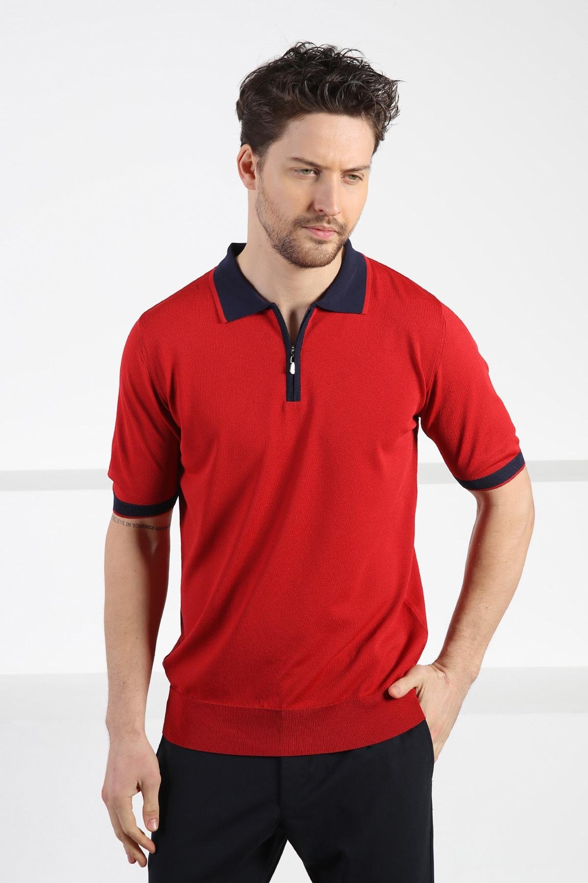 Ferraro Kırmızı Fermuarlı Polo Yaka Erkek Rayon Triko T-Shirt