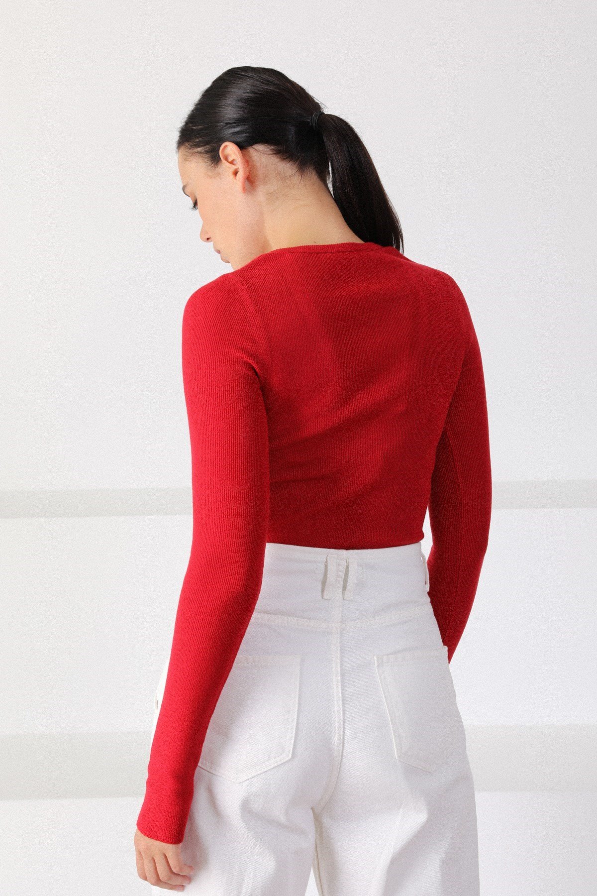 Ferraro Kırmızı Kare Yaka Uzun Kol Kadın Triko Kazak