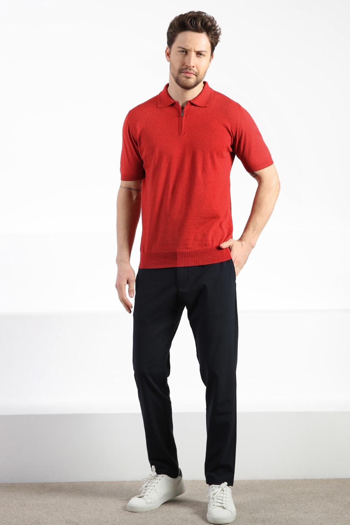 Ferraro Kırmızı Polo Yaka Fermuarlı Erkek Pamuk Triko T-Shirt