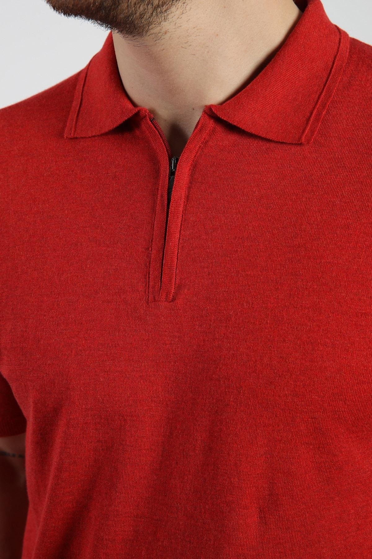 Ferraro Kırmızı Polo Yaka Fermuarlı Erkek Pamuk Triko T-Shirt