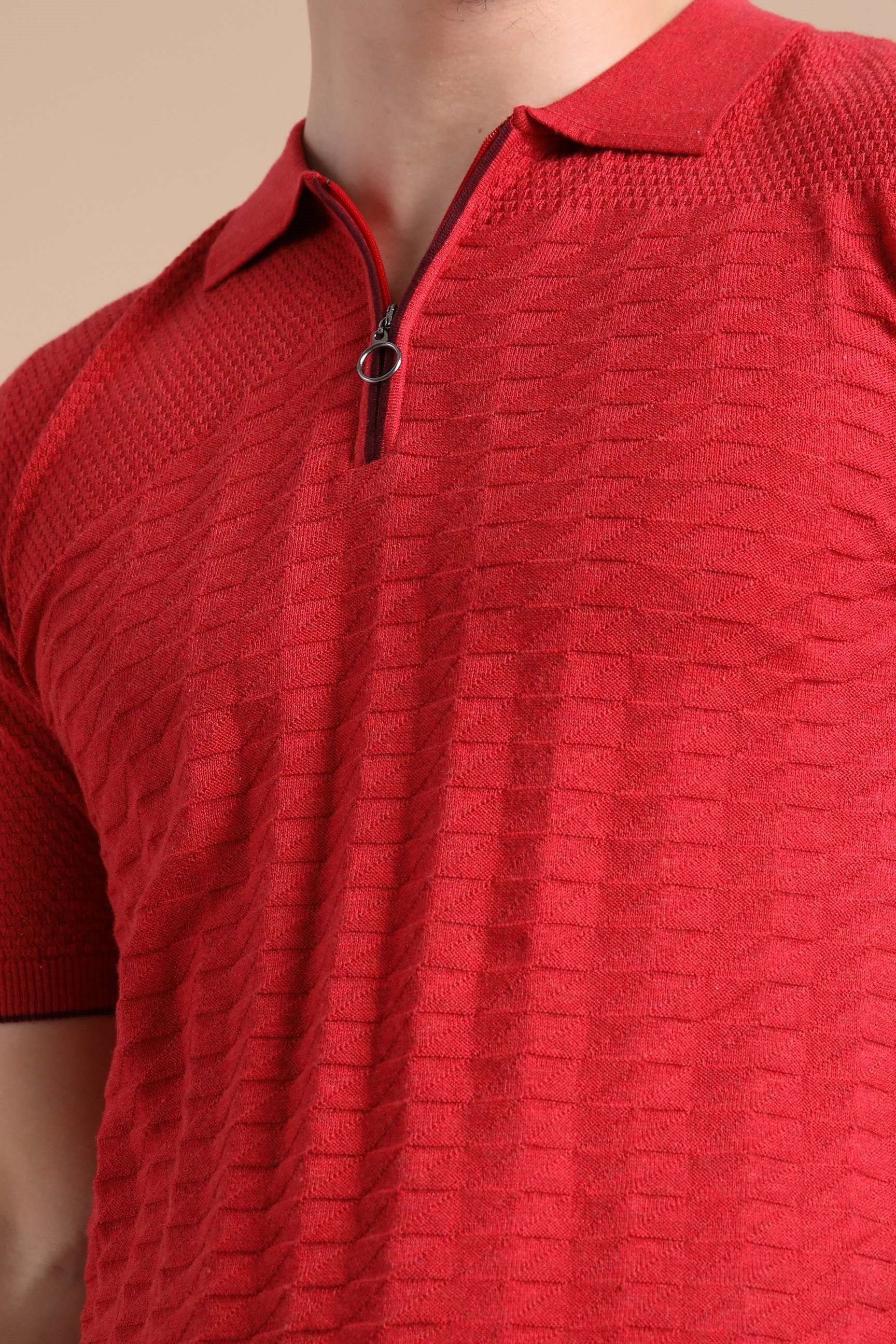 Ferraro Kırmızı Polo Yaka Fermuarlı Erkek Pamuk Triko T-Shirt