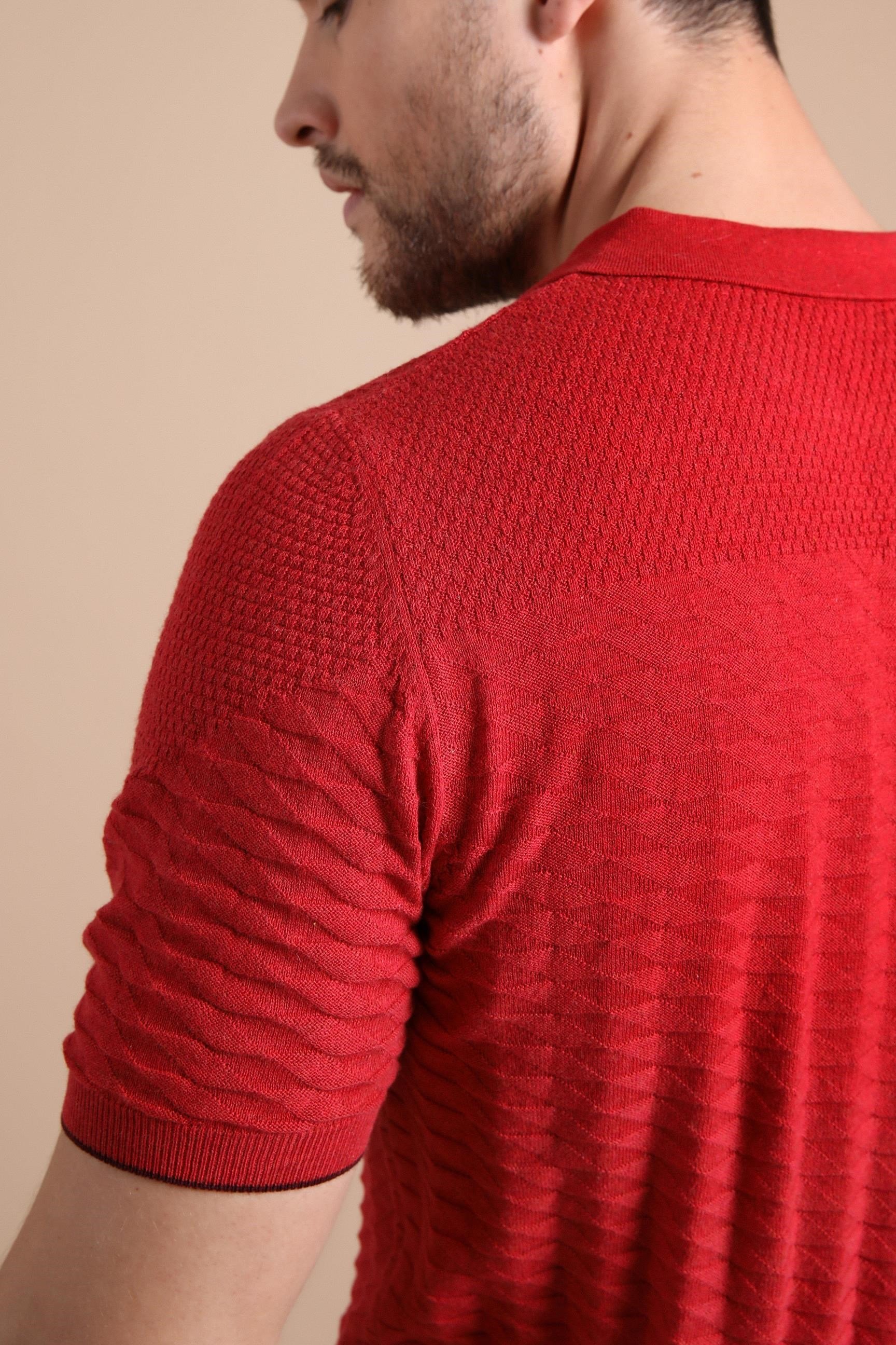 Ferraro Kırmızı Polo Yaka Fermuarlı Erkek Pamuk Triko T-Shirt