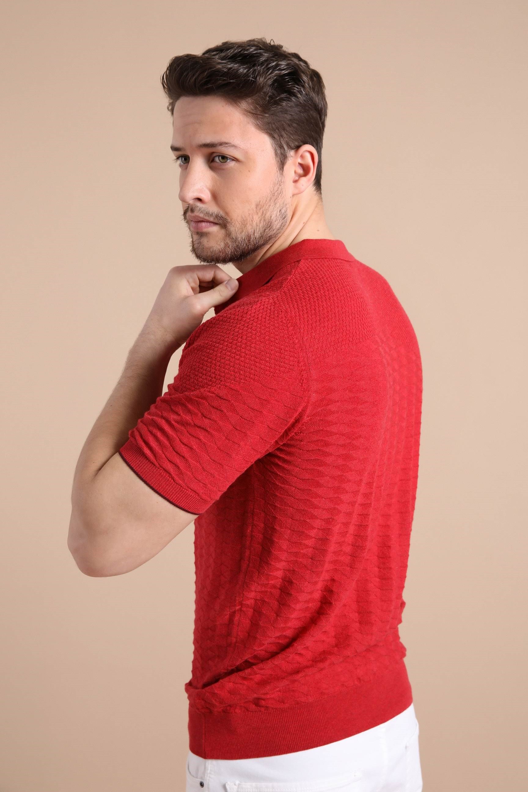 Ferraro Kırmızı Polo Yaka Fermuarlı Erkek Pamuk Triko T-Shirt