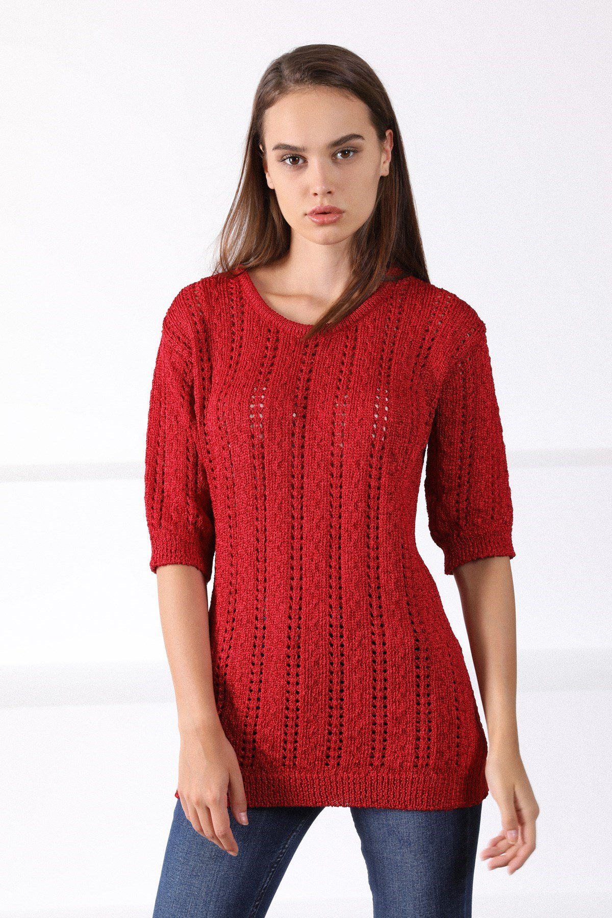 Ferraro Kırmızı Yuvarlak Yaka Ajurlu Kadın Triko Kazak