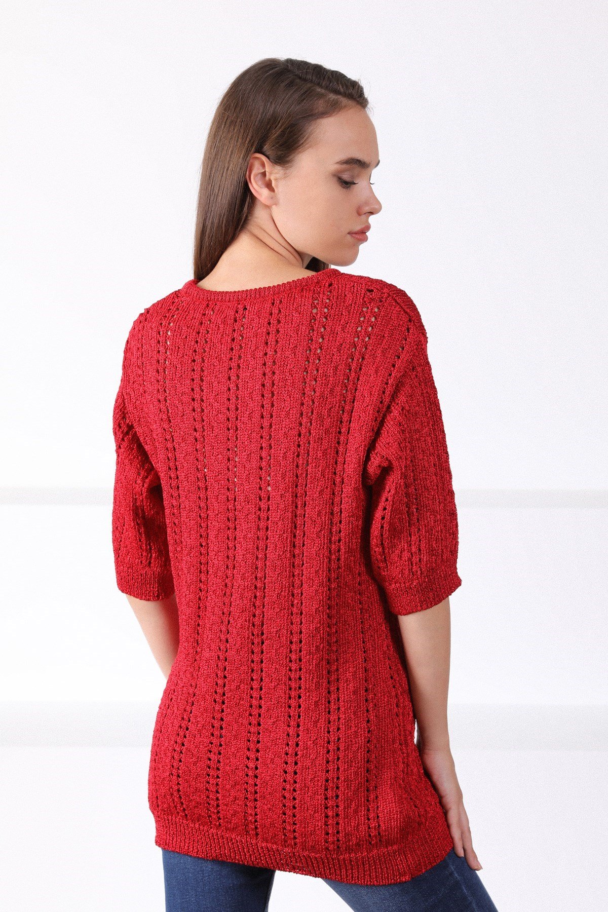 Ferraro Kırmızı Yuvarlak Yaka Ajurlu Kadın Triko Kazak