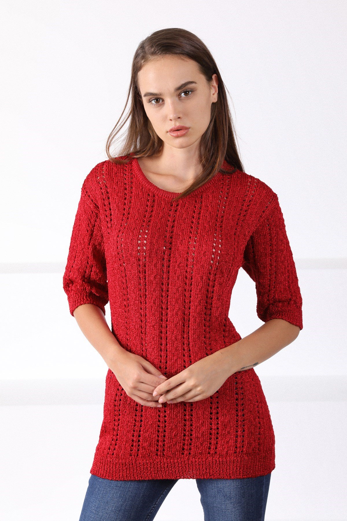 Ferraro Kırmızı Yuvarlak Yaka Ajurlu Kadın Triko Kazak