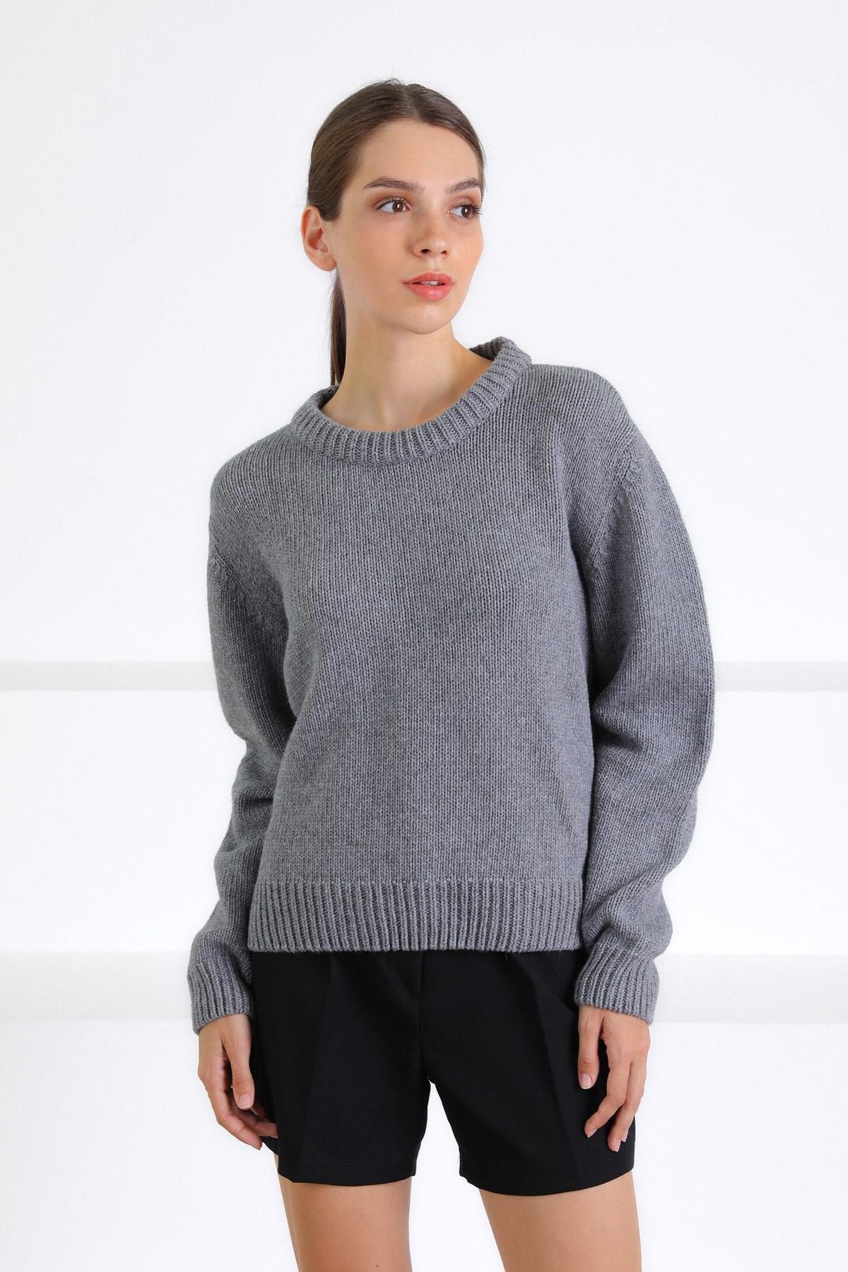 Ferraro Koyu Gri Bisiklet Yaka Yünlü Basic Kadın Triko Kazak