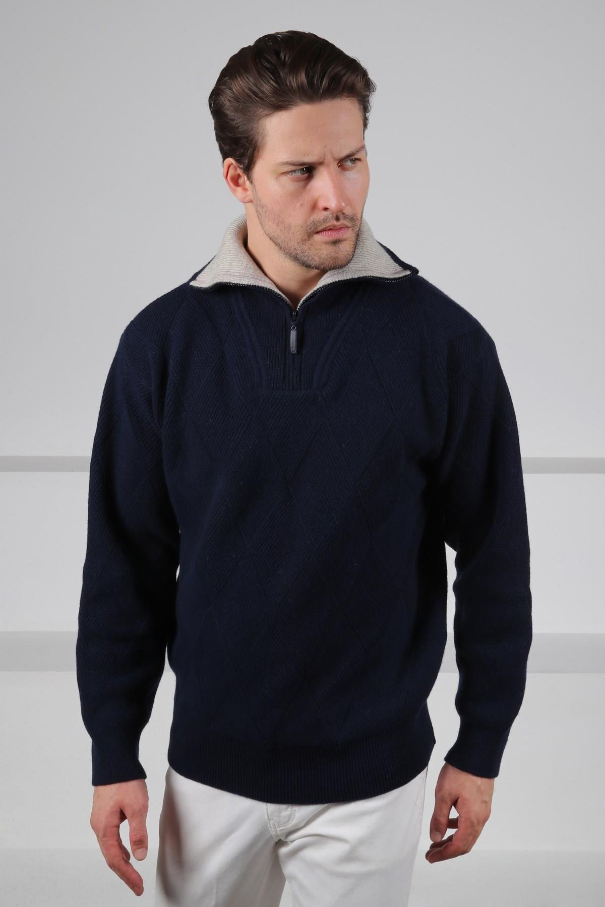 Ferraro Lacivert Balıkçı Yaka Fermuarlı Kabartma Desenli Uzun Kollu %100 Kuzu Yünü Erkek Triko Kazak
