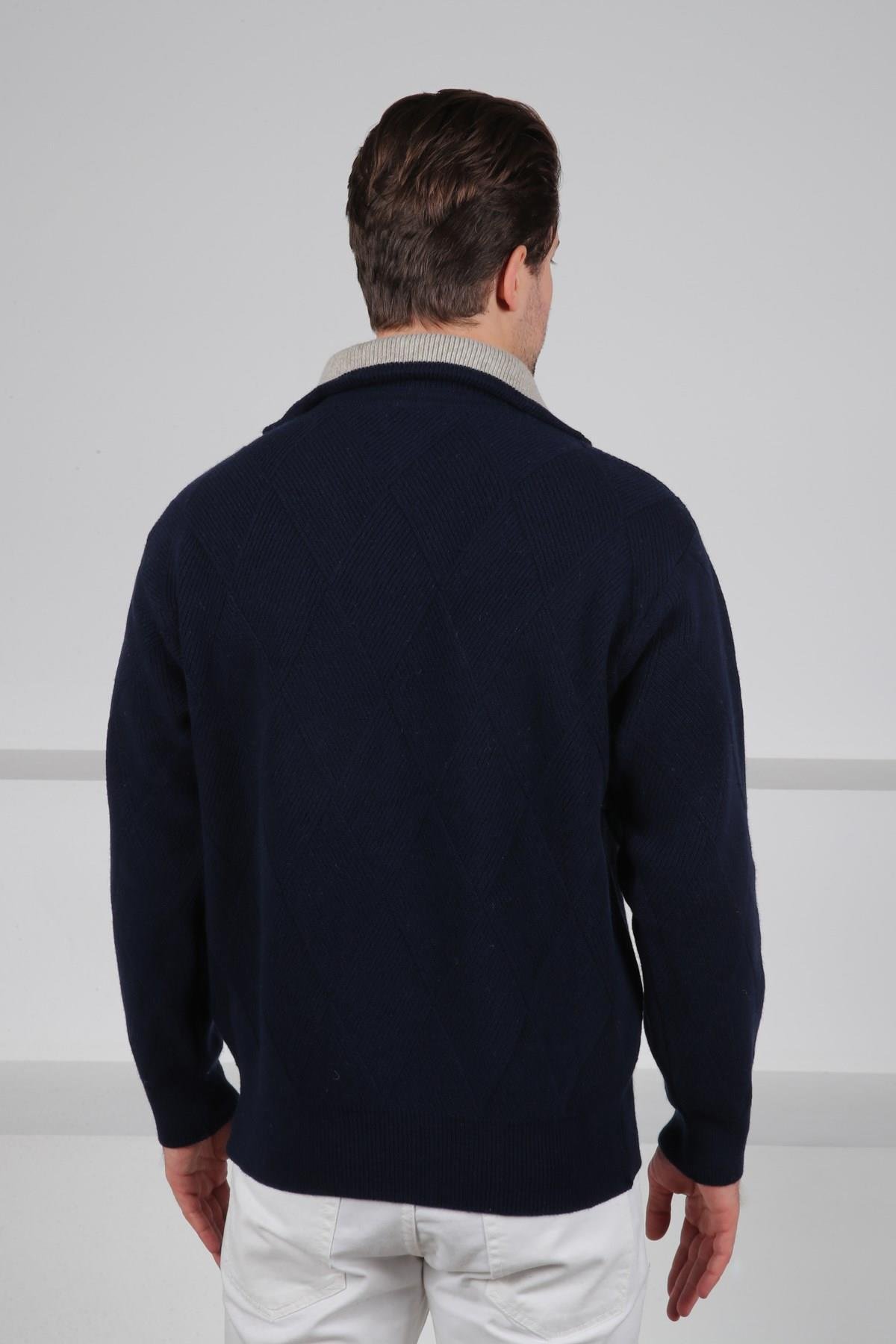 Ferraro Lacivert Balıkçı Yaka Fermuarlı Kabartma Desenli Uzun Kollu %100 Kuzu Yünü Erkek Triko Kazak