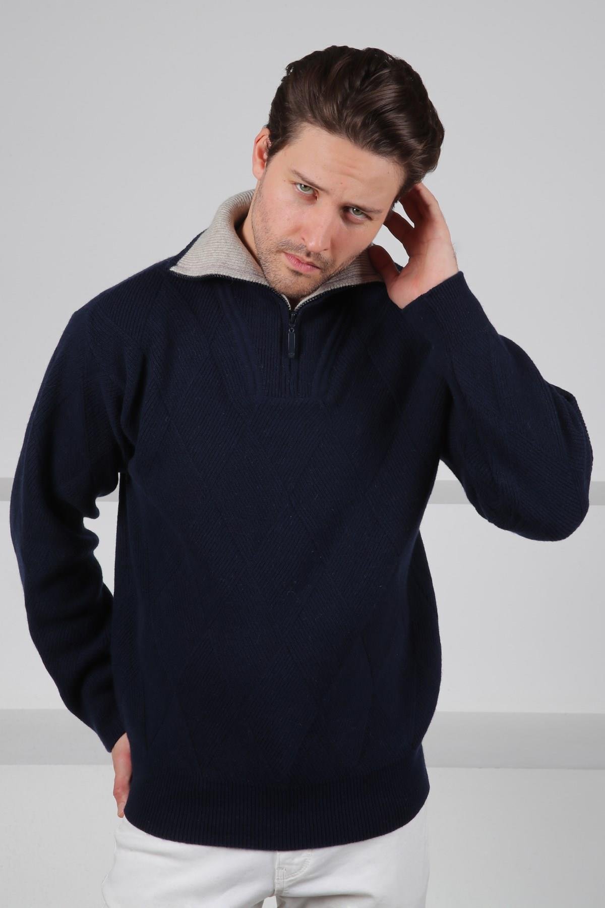 Ferraro Lacivert Balıkçı Yaka Fermuarlı Kabartma Desenli Uzun Kollu %100 Kuzu Yünü Erkek Triko Kazak