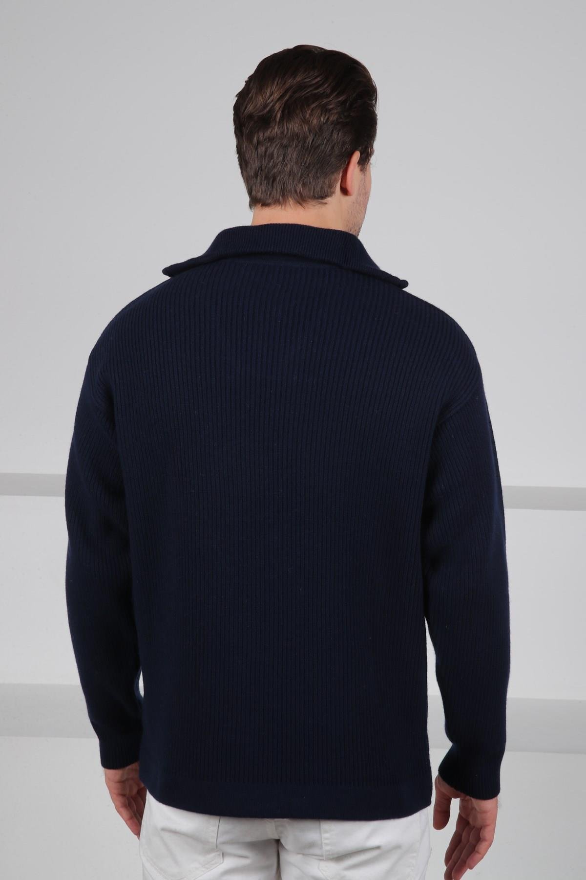 Ferraro Lacivert Balıkçı Yaka Fermuarlı Fitilli Uzun Kollu %100 Kuzu Yünü Erkek Triko Kazak
