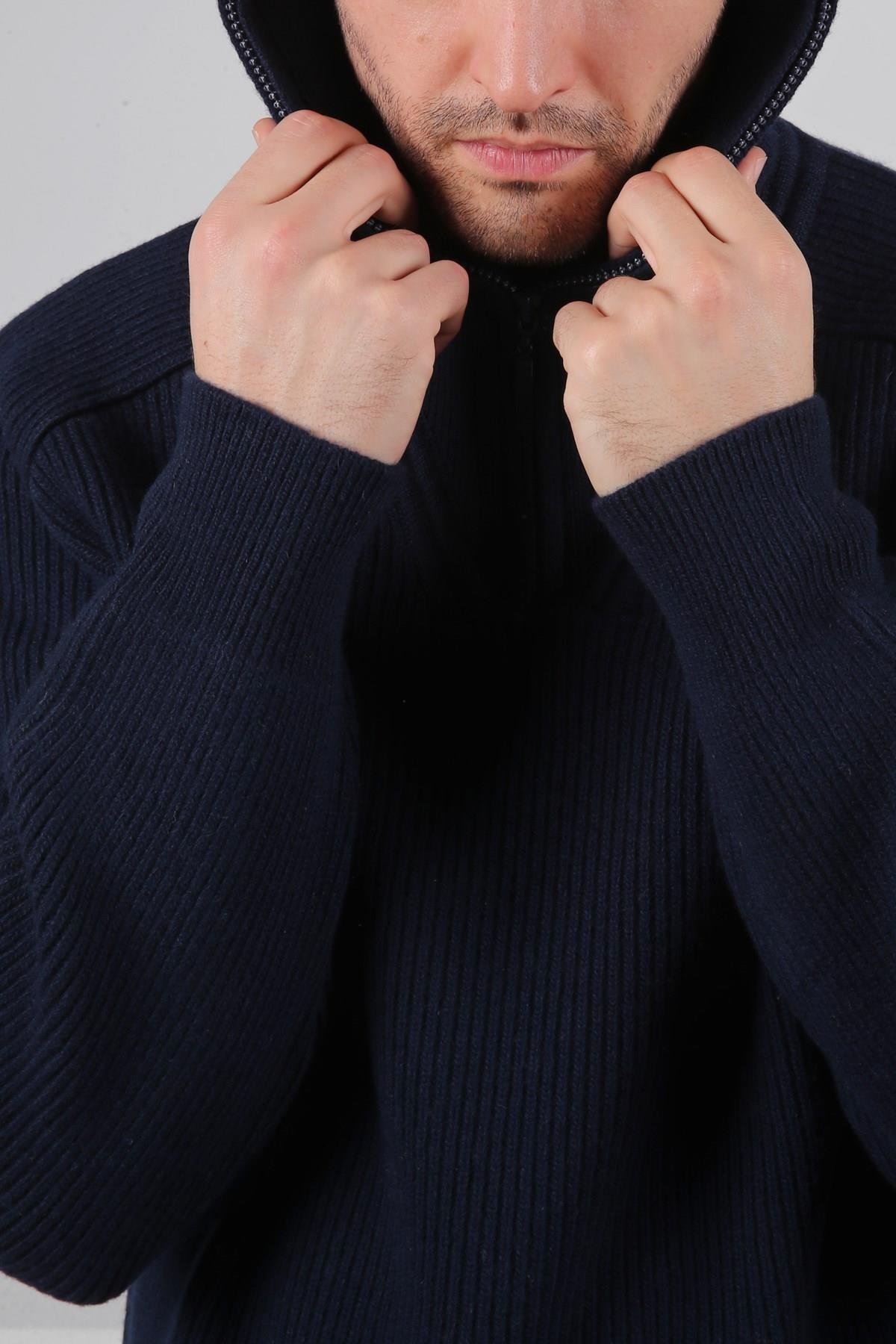 Ferraro Lacivert Balıkçı Yaka Fermuarlı Fitilli Uzun Kollu %100 Kuzu Yünü Erkek Triko Kazak