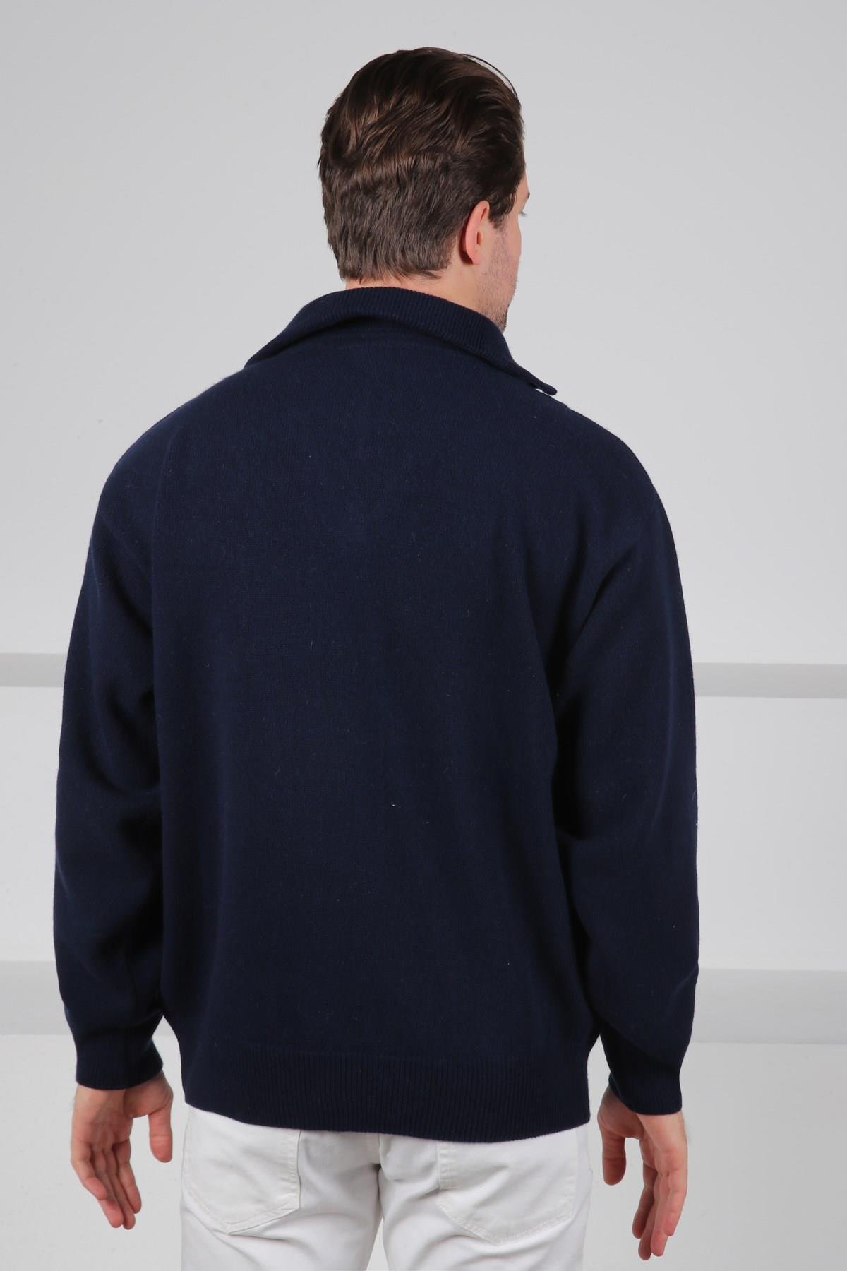 Ferraro Lacivert Balıkçı Yaka Fermuarlı Önü Desenli Uzun Kollu %100 Kuzu Yünü Erkek Triko Kazak