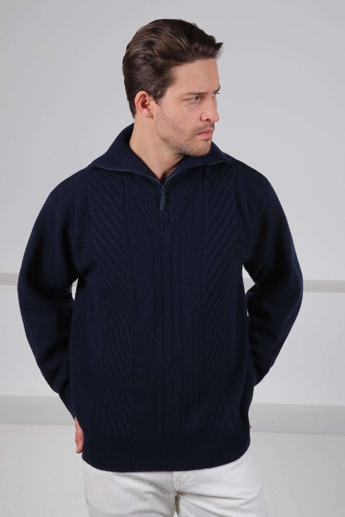 Ferraro Lacivert Balıkçı Yaka Fermuarlı Önü Desenli Uzun Kollu %100 Kuzu Yünü Erkek Triko Kazak