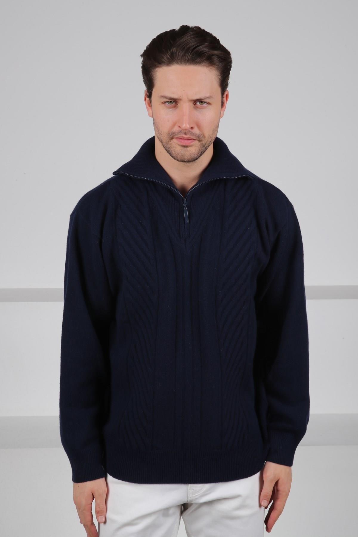 Ferraro Lacivert Balıkçı Yaka Fermuarlı Önü Desenli Uzun Kollu %100 Kuzu Yünü Erkek Triko Kazak